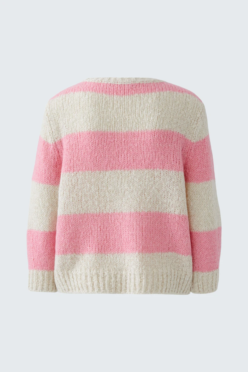 Gemütlicher Damen-Pullover in rosa-weißen Streifen, lässig geschnitten und ideal für den Alltag.