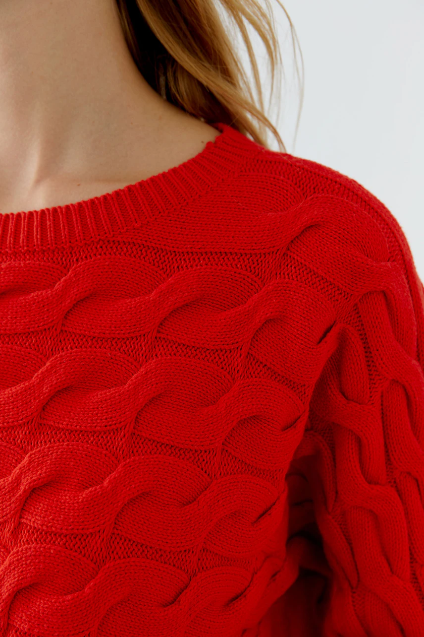 Damen-Pullover in leuchtendem Rot mit strukturiertem Muster, ideal für lässige Outfits.