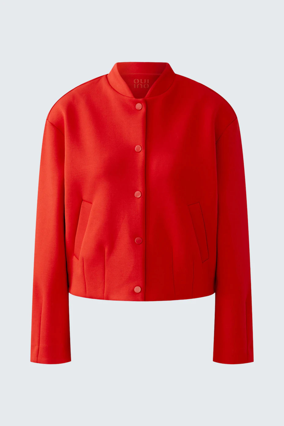 Casual women's blouson: Bright red jacket with a round collar and button closure, perfect for layering.