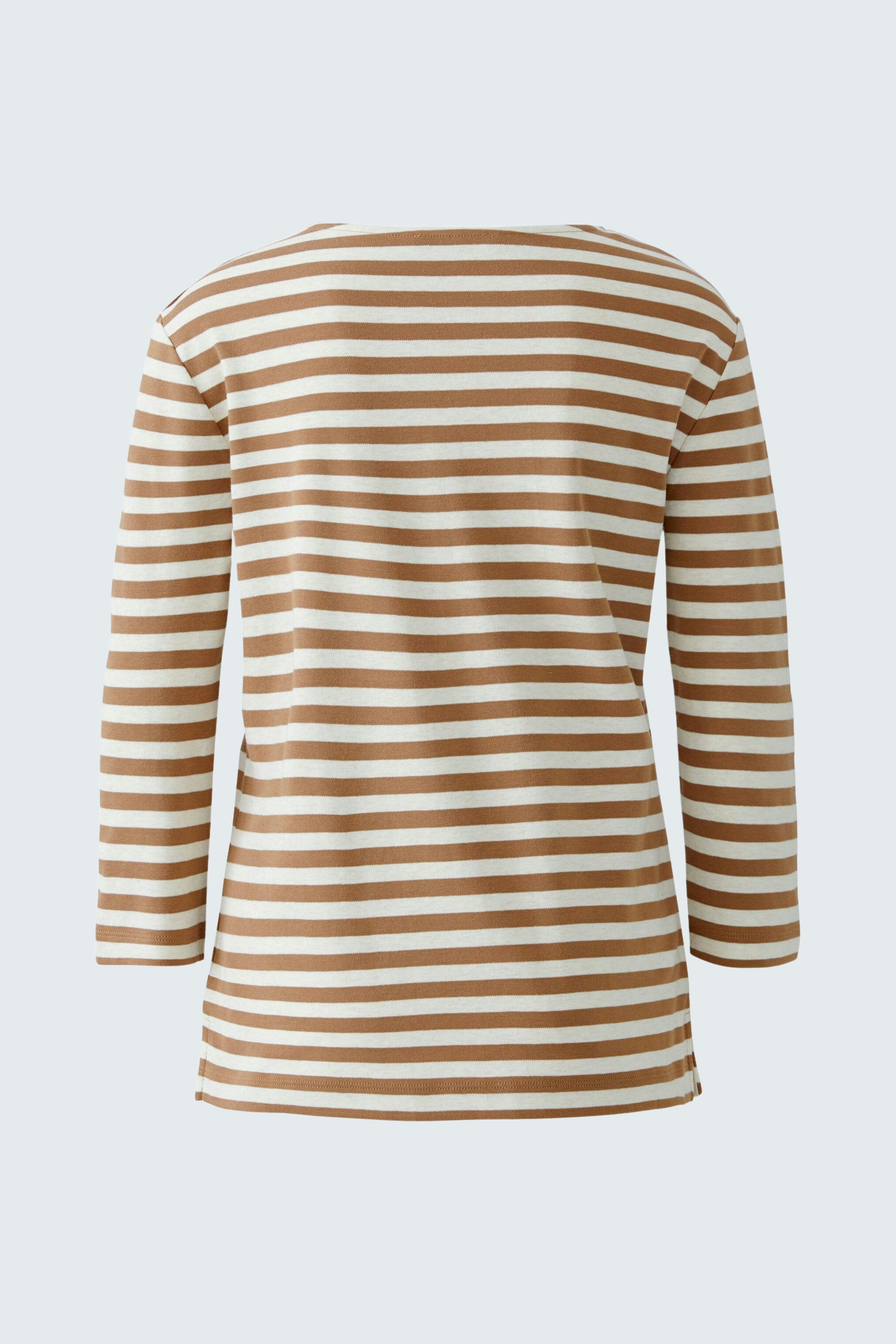 Casual women's T-shirt: Back view of a striped top in brown and cream, perfect for everyday wear.