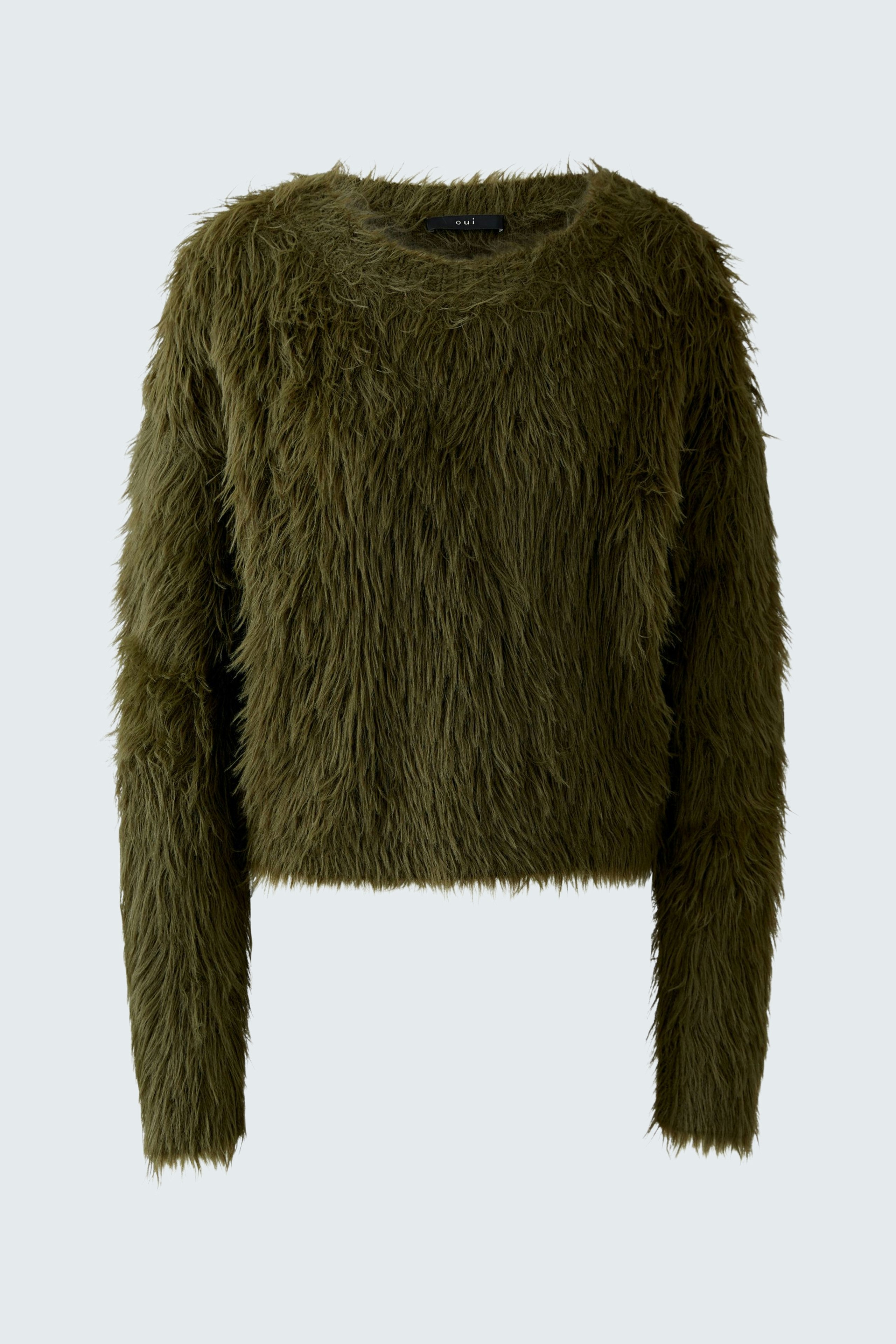 Cozy women's pullover in soft olive green with a fluffy texture, perfect for casual wear.