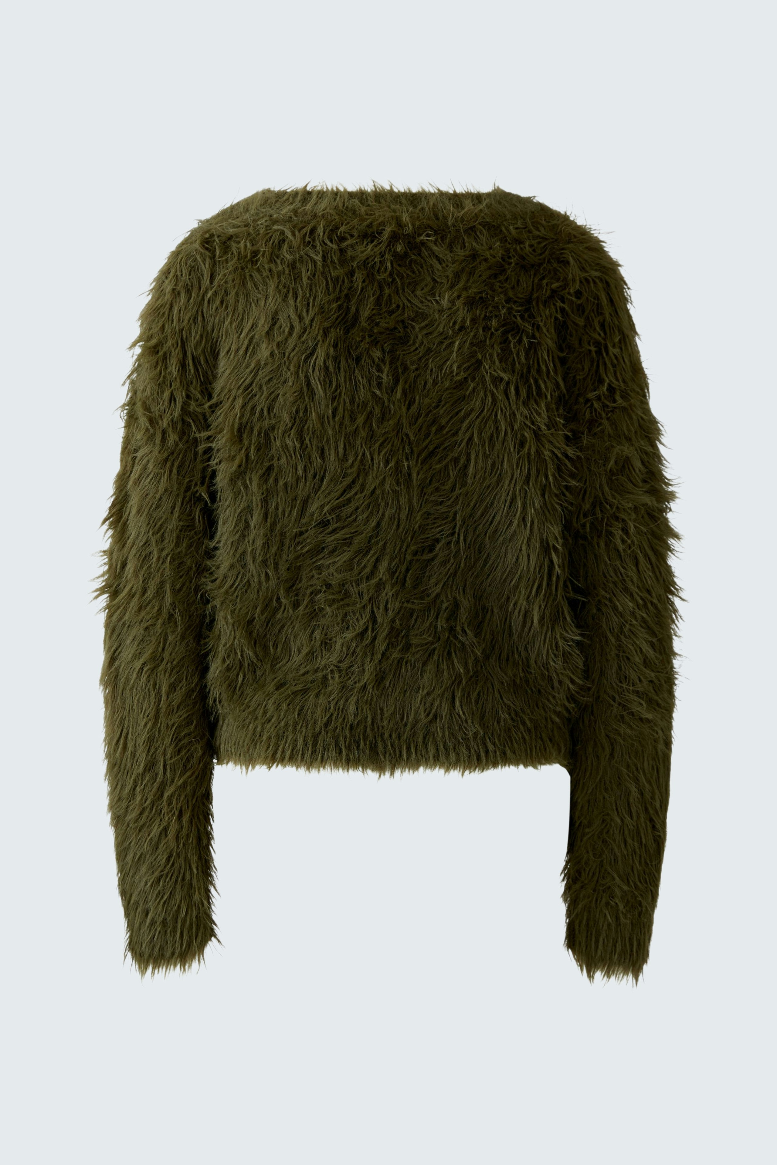 Cozy women's pullover in soft olive green with a fluffy texture, perfect for casual wear.