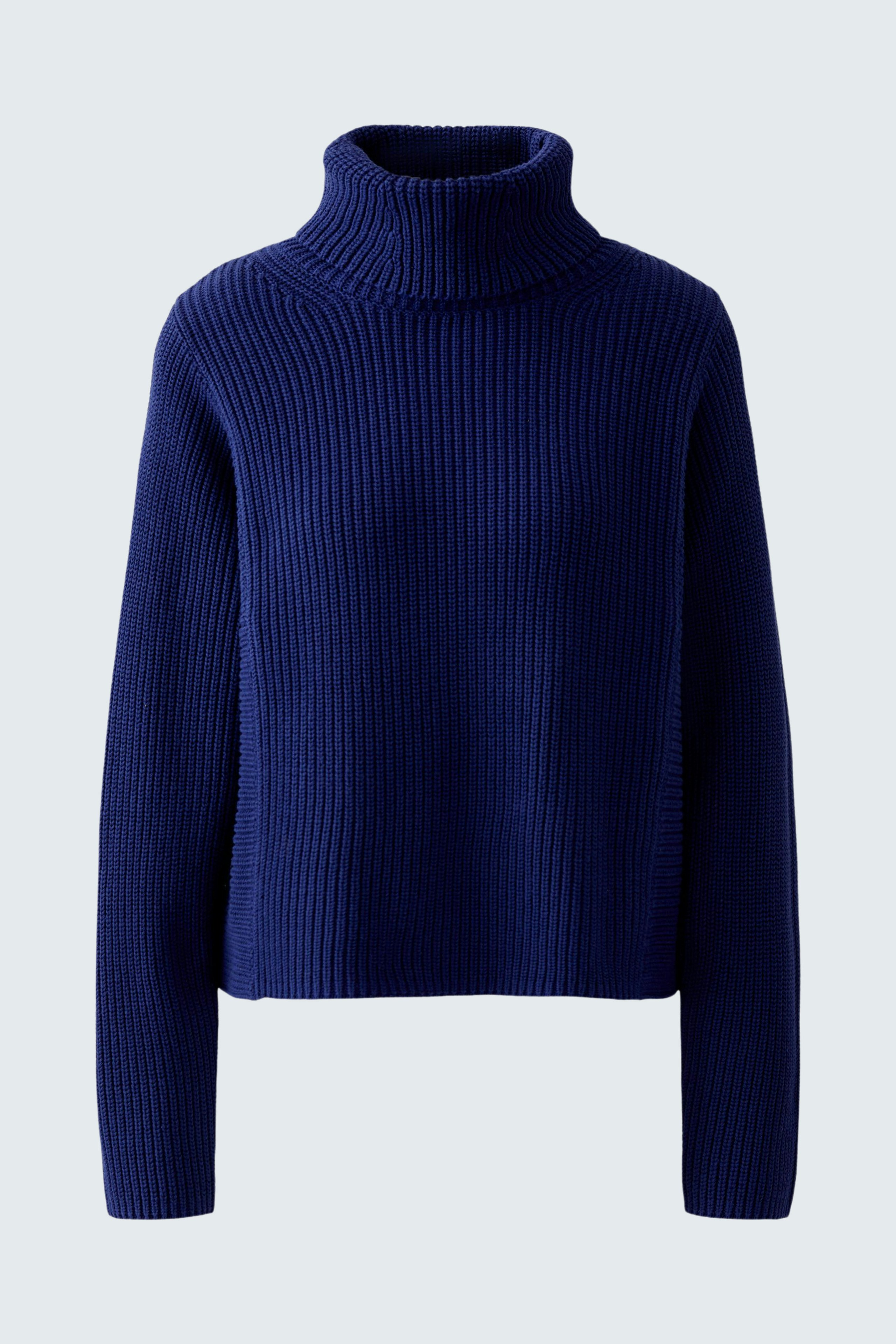 Cozy women's pullover: A navy ribbed turtleneck pullover with a relaxed fit.