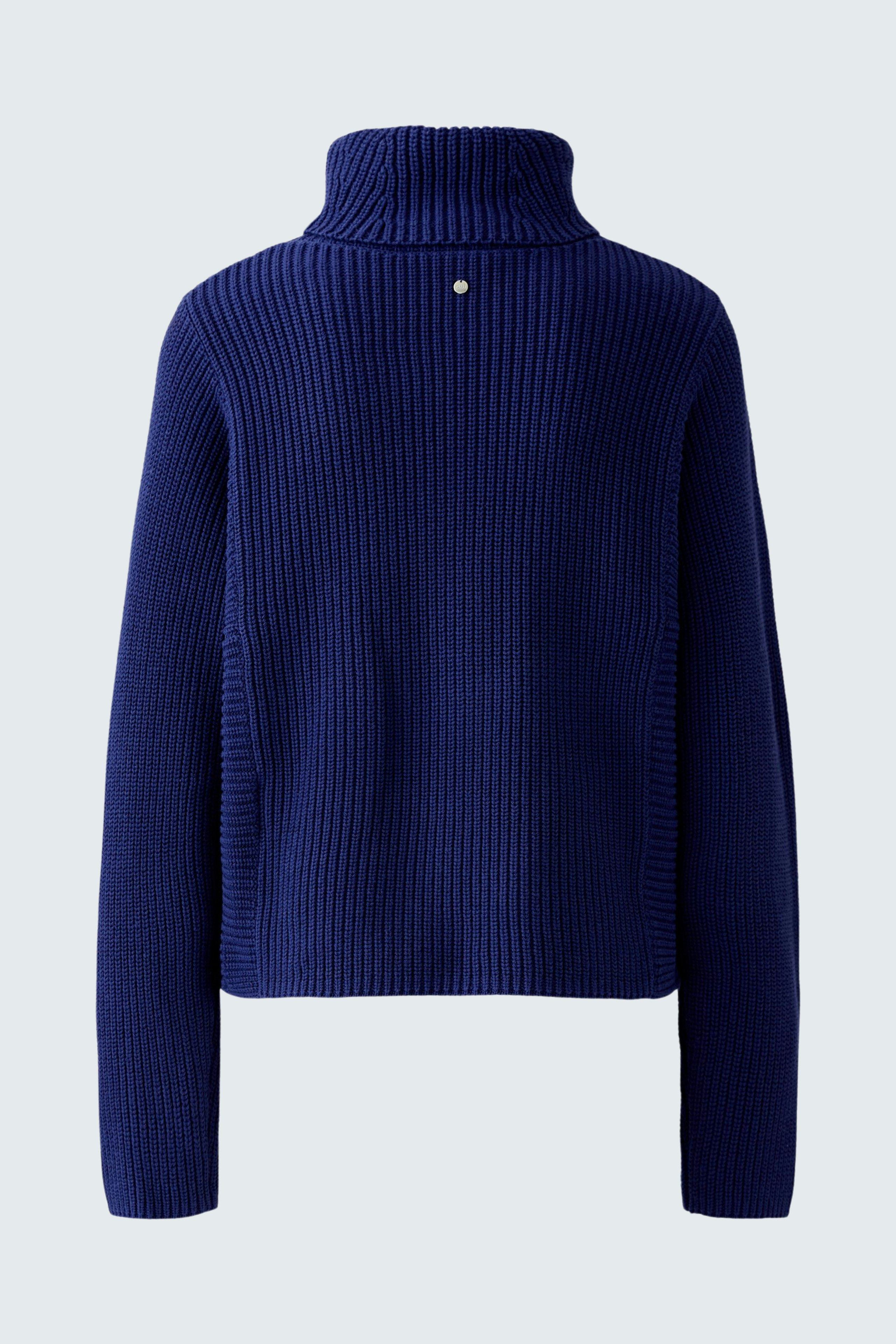 Casual women's pullover: Back view of a navy ribbed pullover with a high collar.