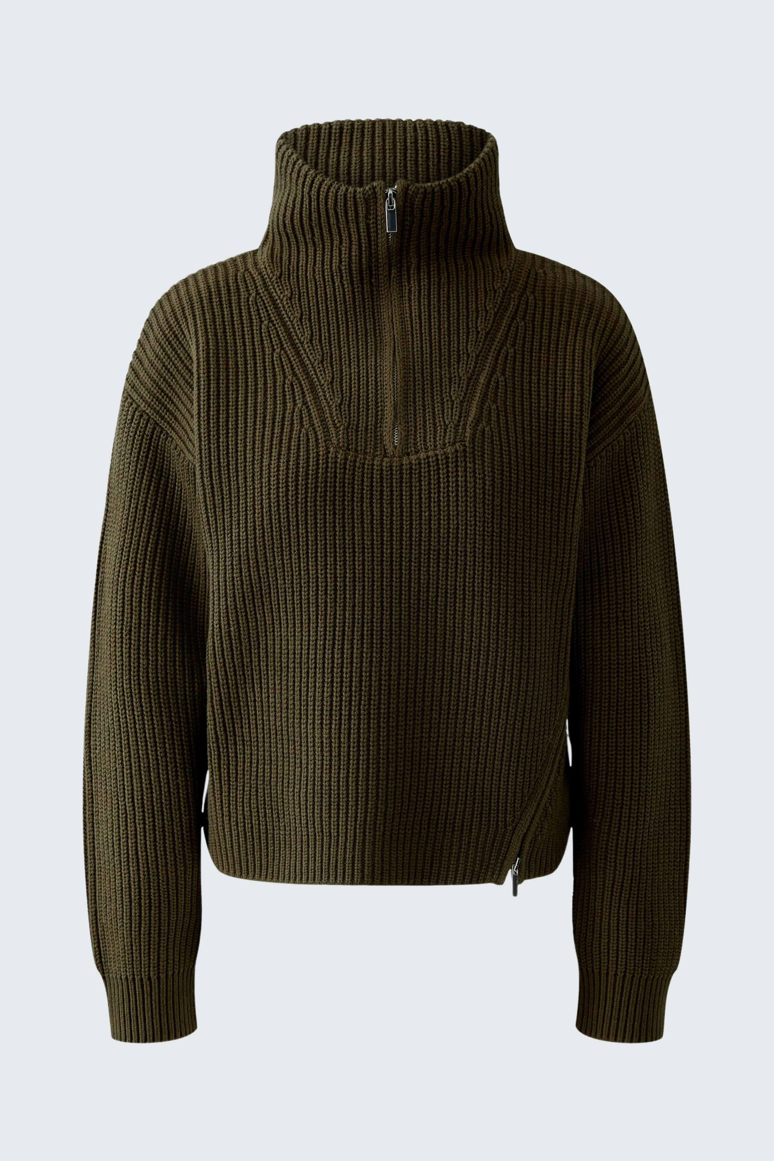 Casual women's pullover: Olive green ribbed pullover with a high collar and zip detail.