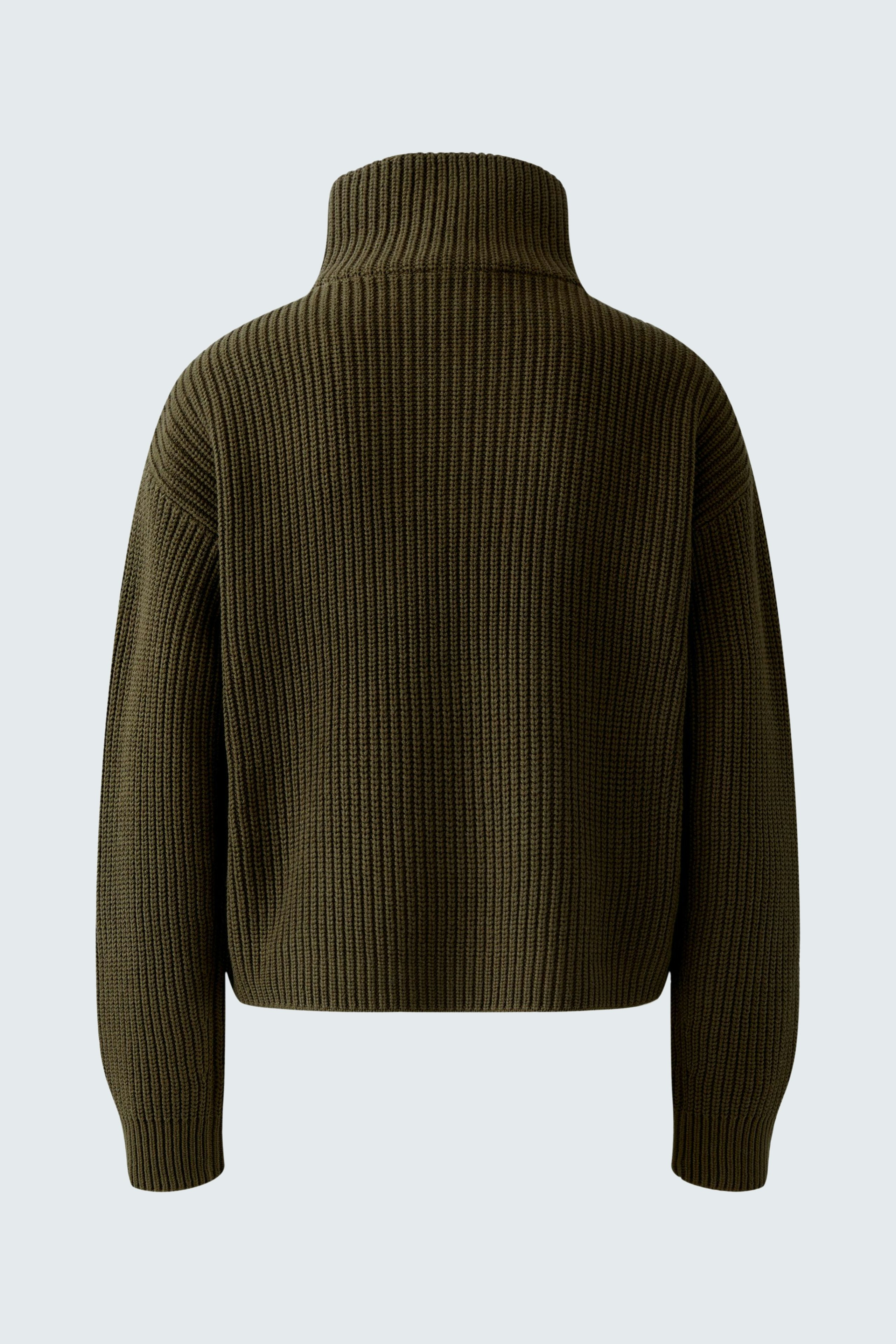 Casual women's pullover: Back view of a cozy, ribbed olive green pullover with a high collar.