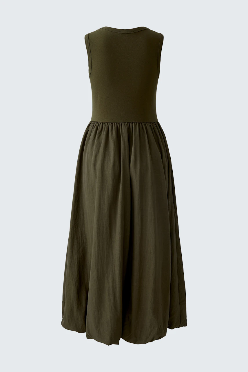 Casual midi dress: Back view of a women's olive green dress with a fitted top and flowing skirt.