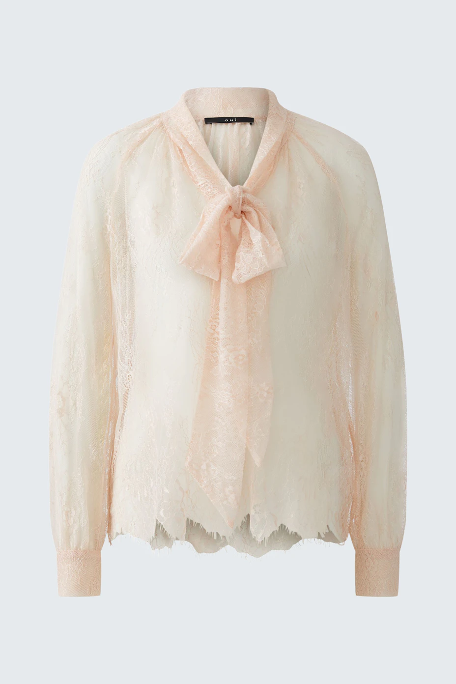 Light blouse with a bow tie detail, designed for women, featuring a soft, airy fabric.
