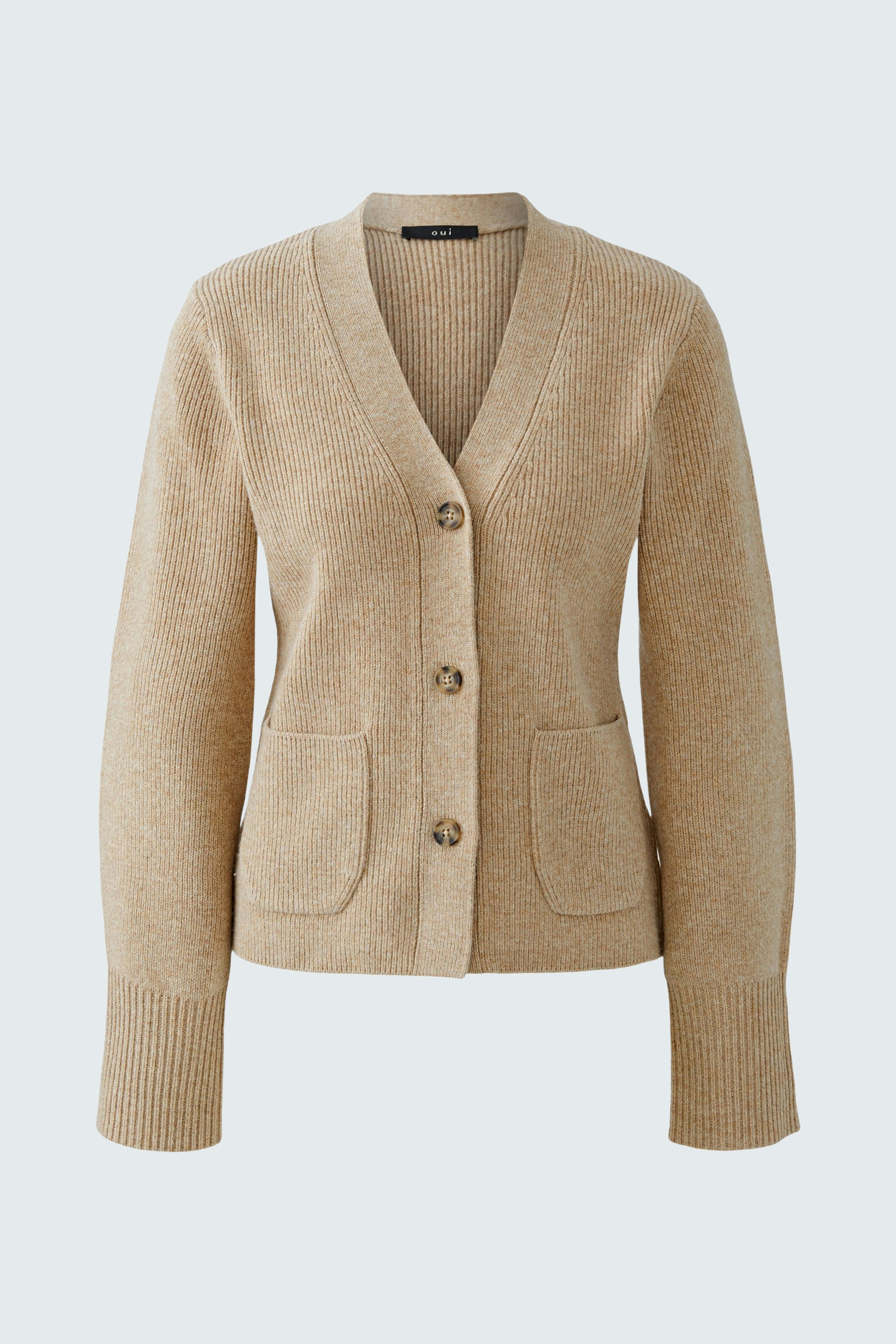 Casual women's cardigan in beige with a V-neck and button closure, featuring two front pockets.