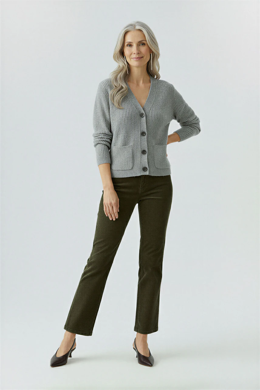 Damen-Strickjacke: Frau in grauer Strickjacke mit Knöpfen und lässigen Hosen steht entspannt.