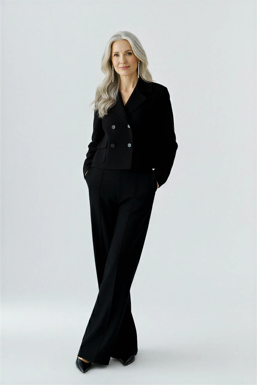 Moderne Damen-Jacke: Frau in schwarzer, taillierter Jacke mit doppelter Knopfleiste und lässigen Hosen.
