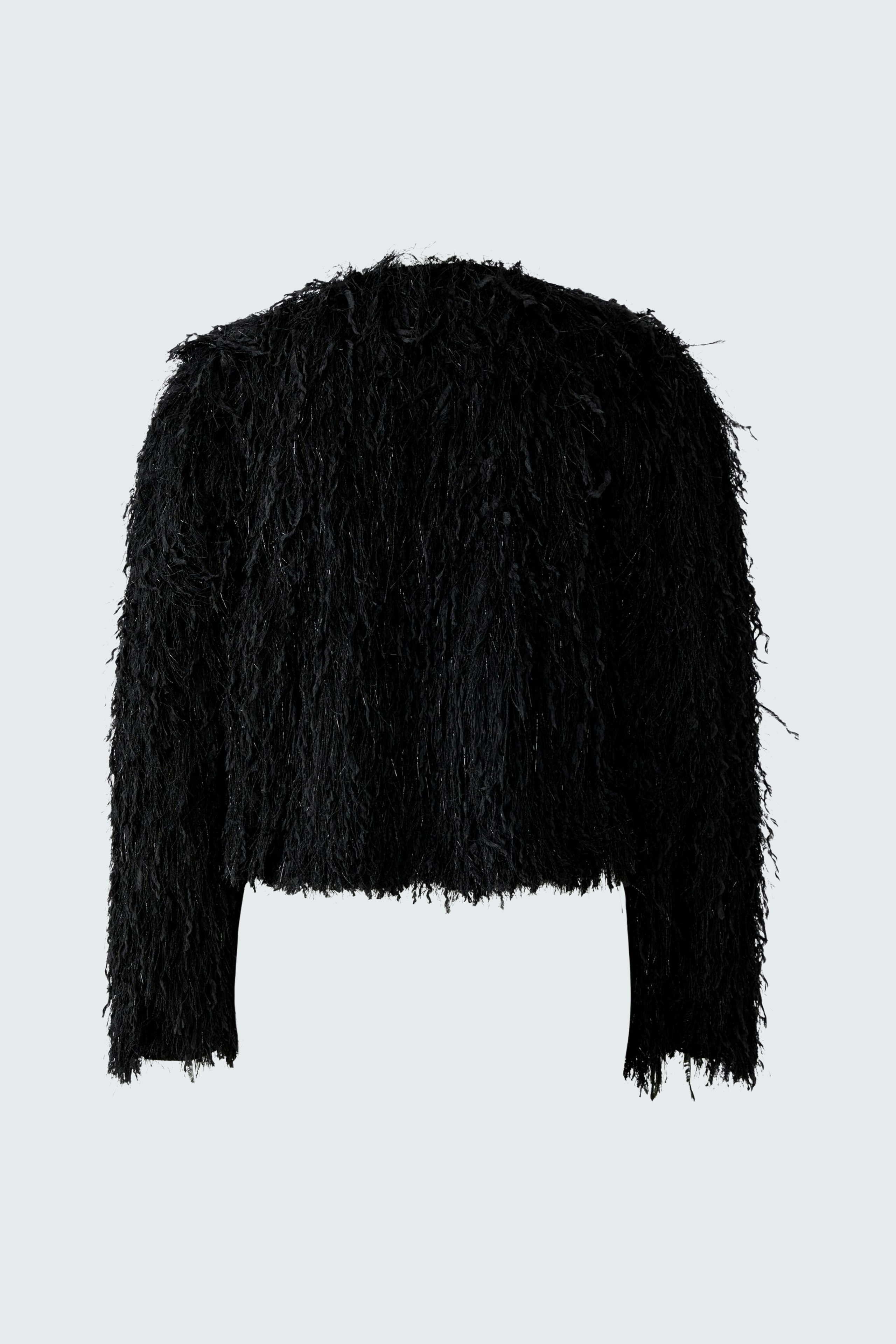 Casual women's jacket: Black fluffy jacket with a cropped design, perfect for layering.