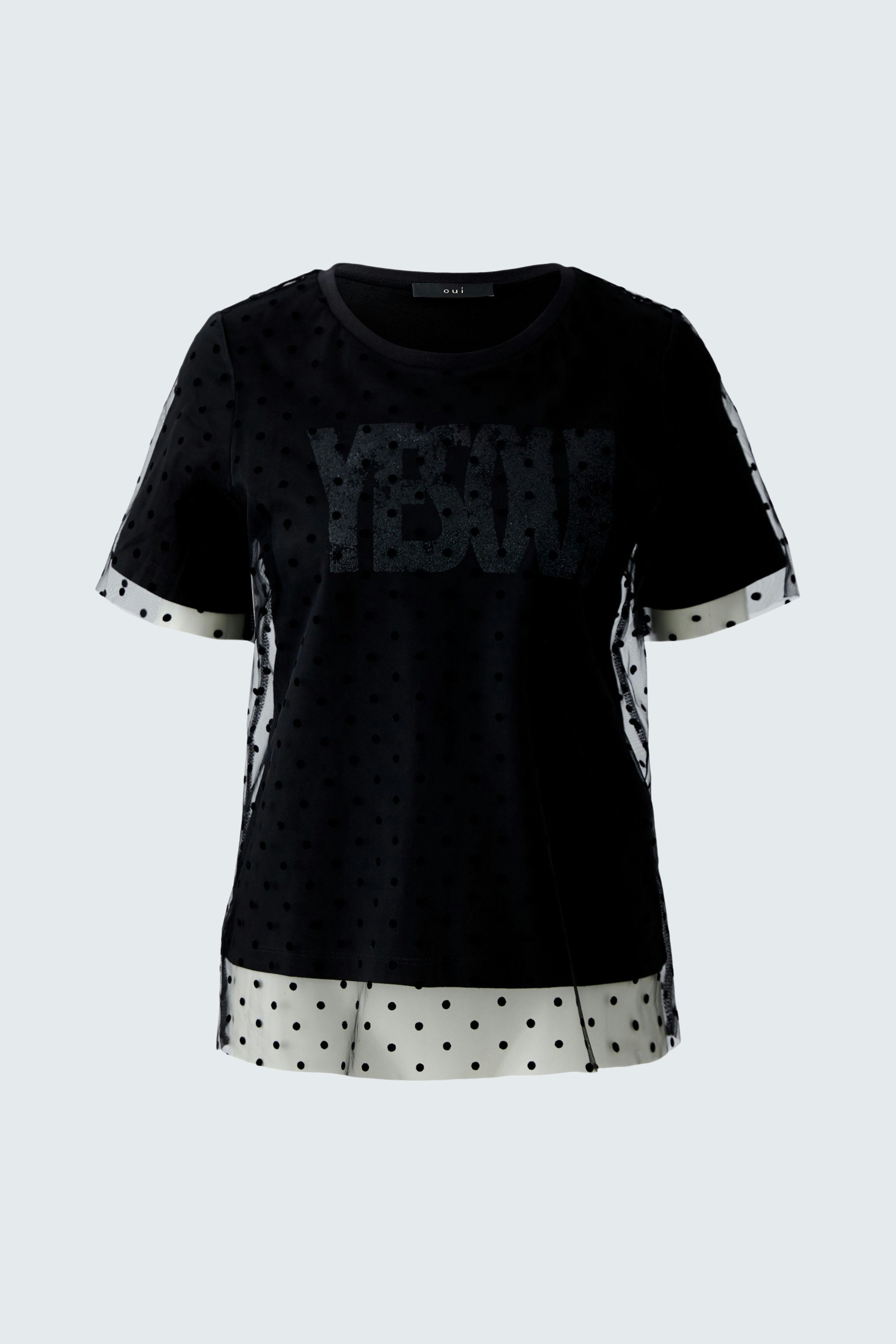 Schwarzes Damen-T-Shirt mit Punkten und "YES"-Aufdruck, lässig und modern.