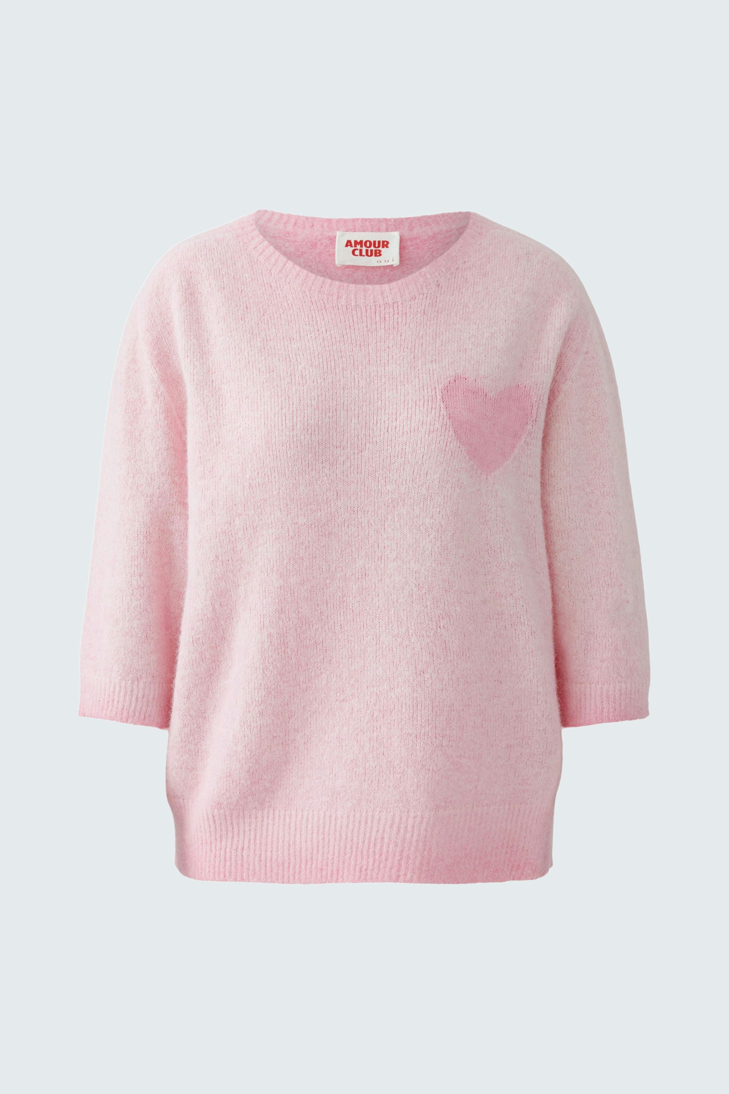 Bequemer Damen-Pullover in zartem Rosa mit Herz-Applikation auf der Brust.