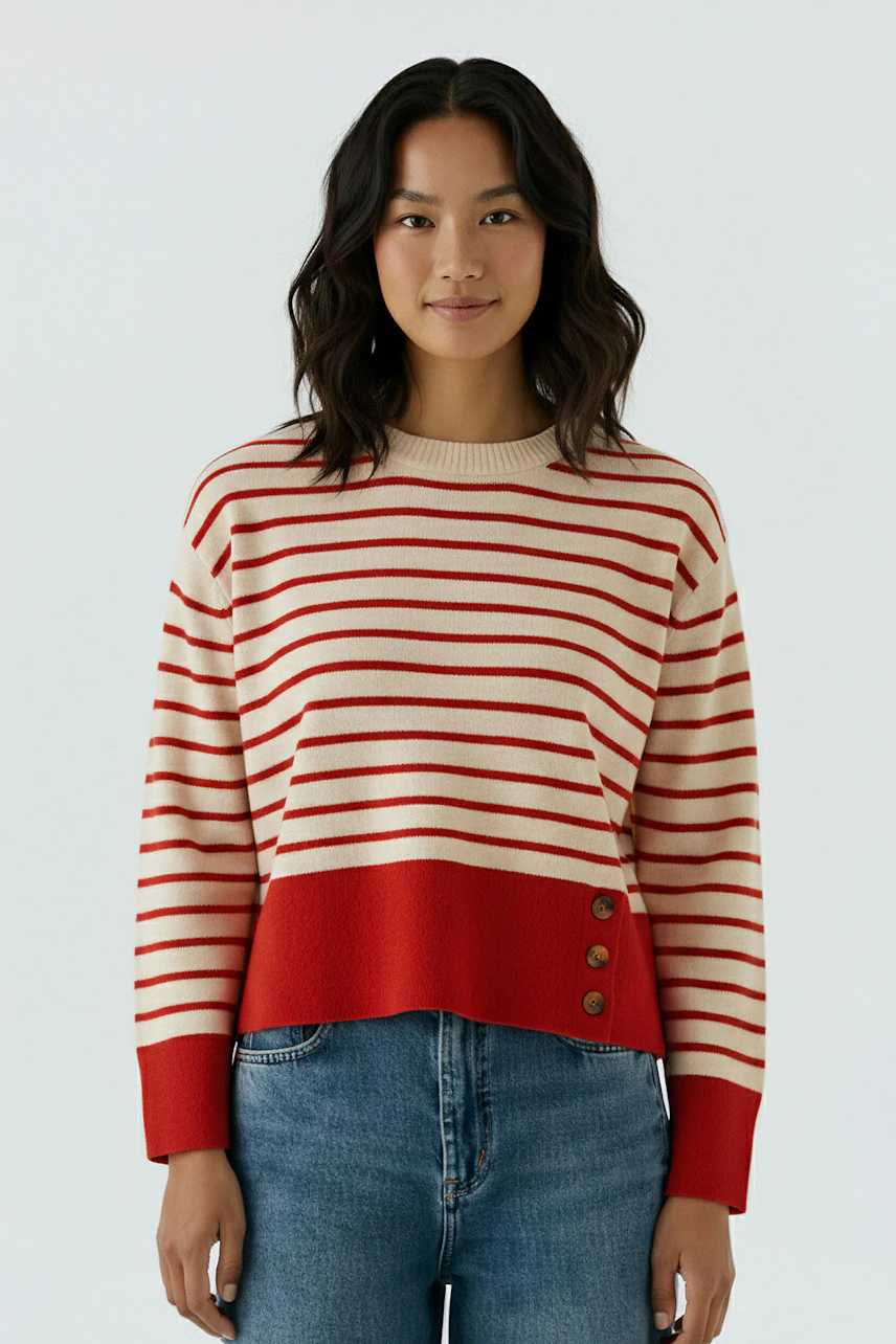 Casual women's pullover: Young woman in a striped pullover with red and cream colors, paired with jeans.
