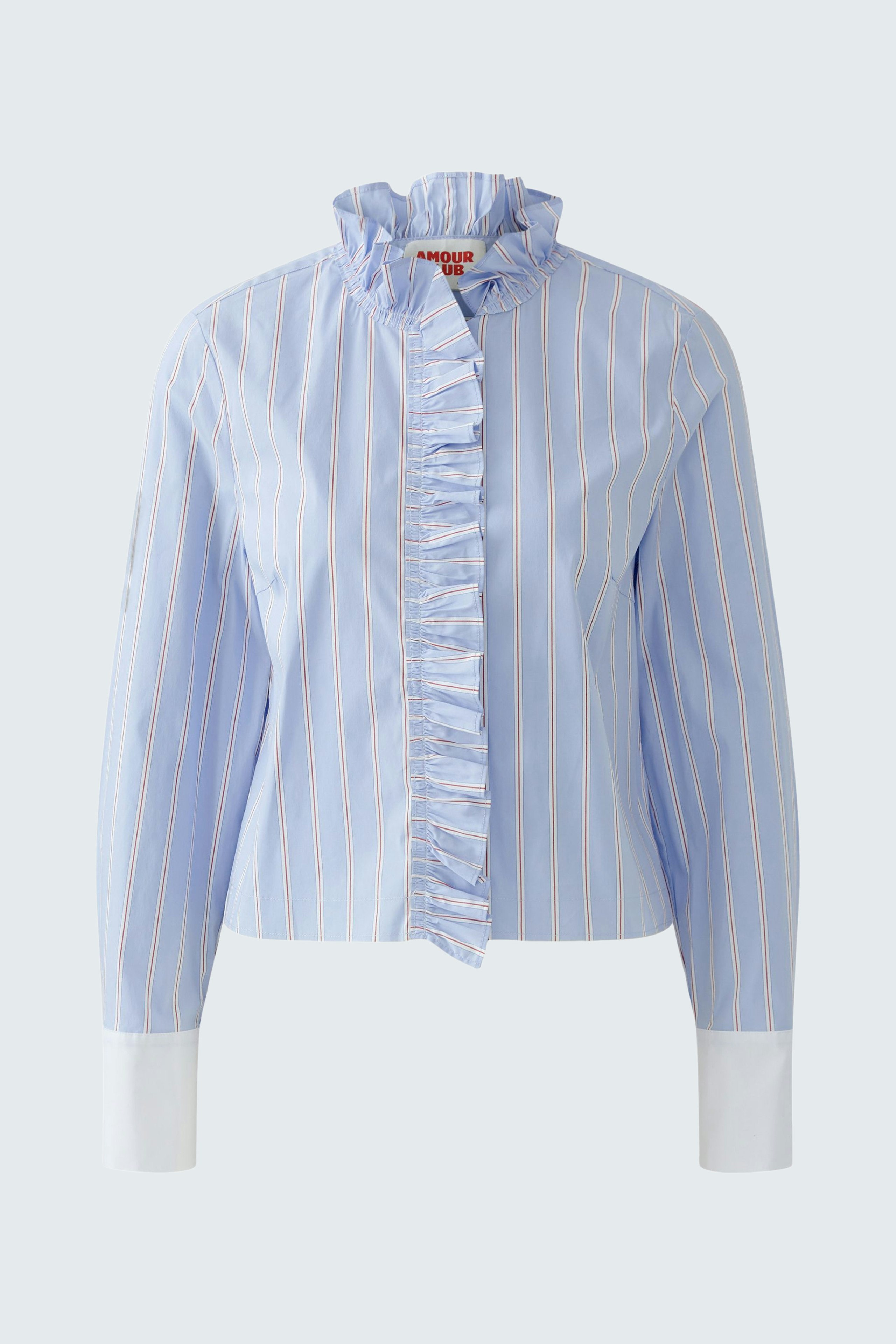 Stylish women's blouse: Light blue with ruffles and stripes, perfect for casual wear.