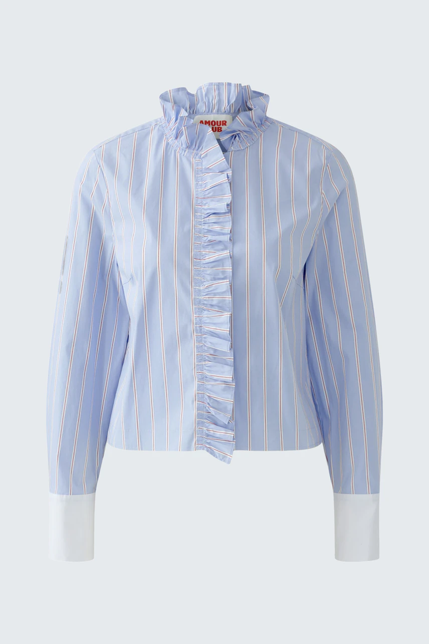 Stylish women's blouse: Light blue with ruffles and stripes, perfect for casual wear.