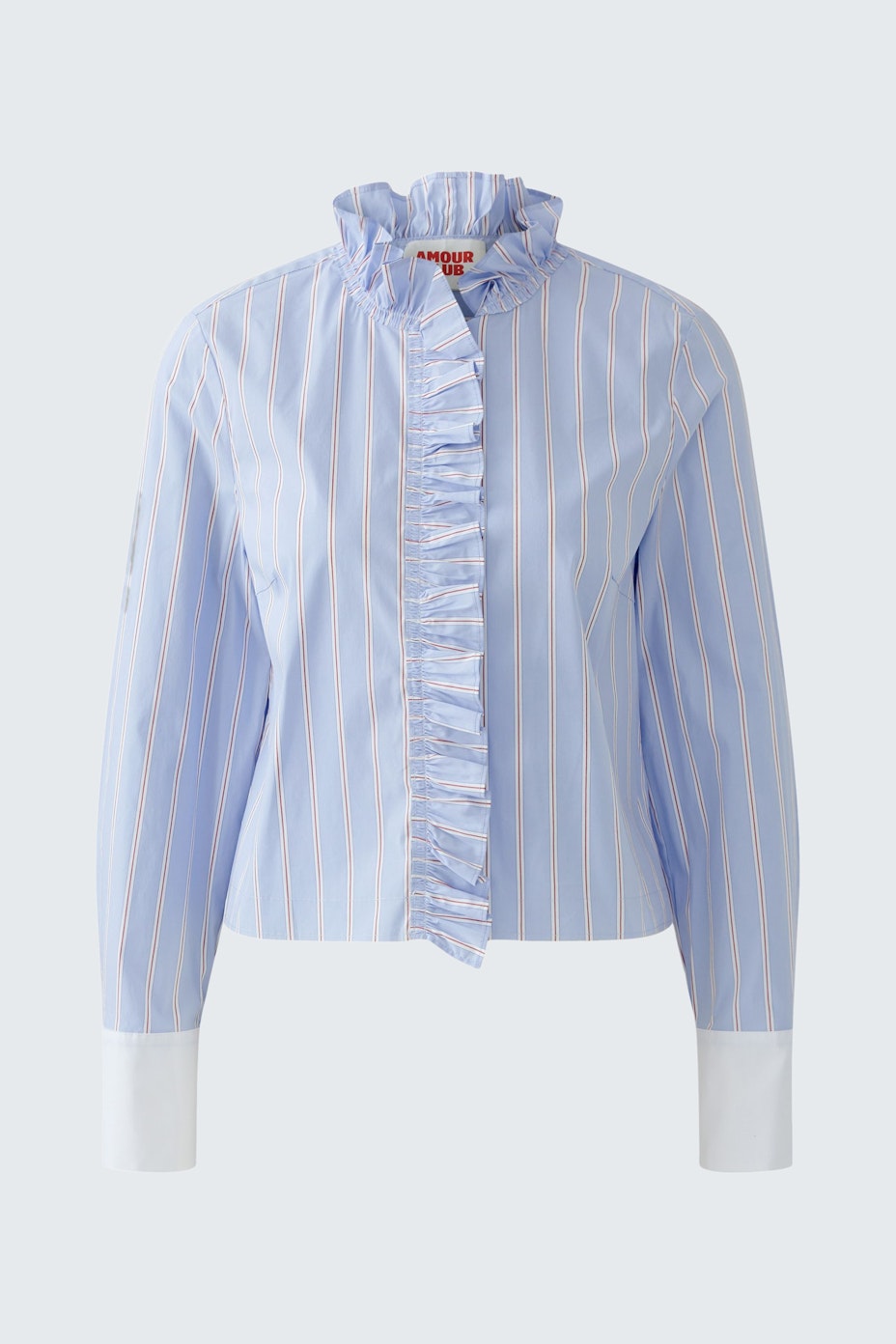 Stylish women's blouse: Light blue with ruffles and stripes, perfect for casual wear.