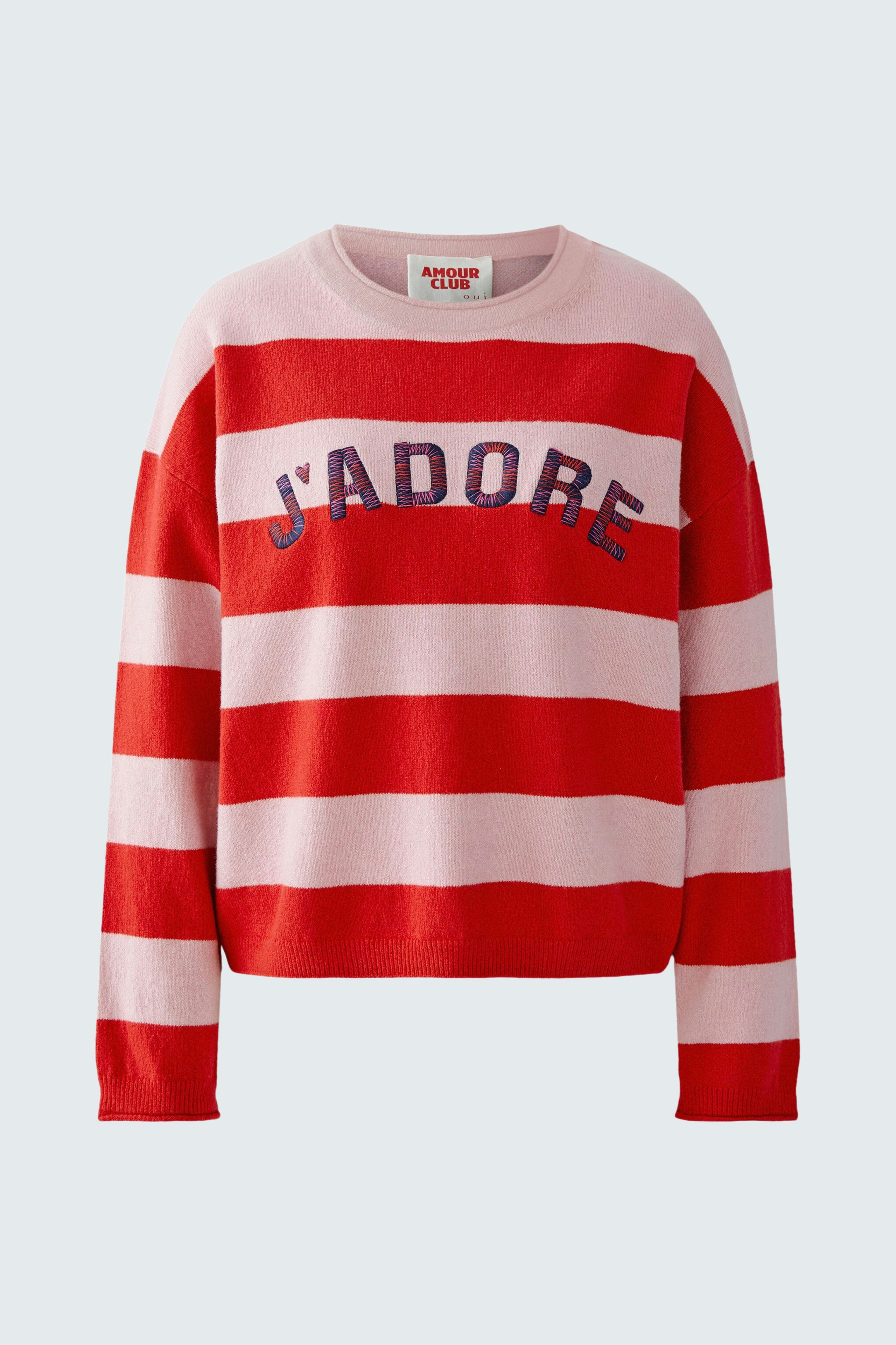 Damen-Pullover in rot-weiß gestreift mit 'J'ADORE'-Schriftzug, lässig und bequem.