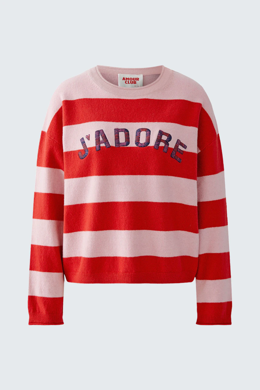 Casual women's pullover: Red and pink striped pullover with 'J'ADORE' lettering.