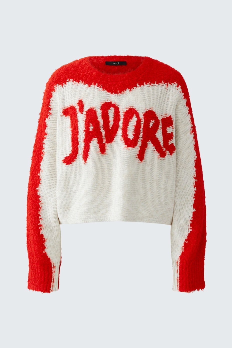 Casual women's pullover: Cozy white and red sweater with 'J'adore' lettering.