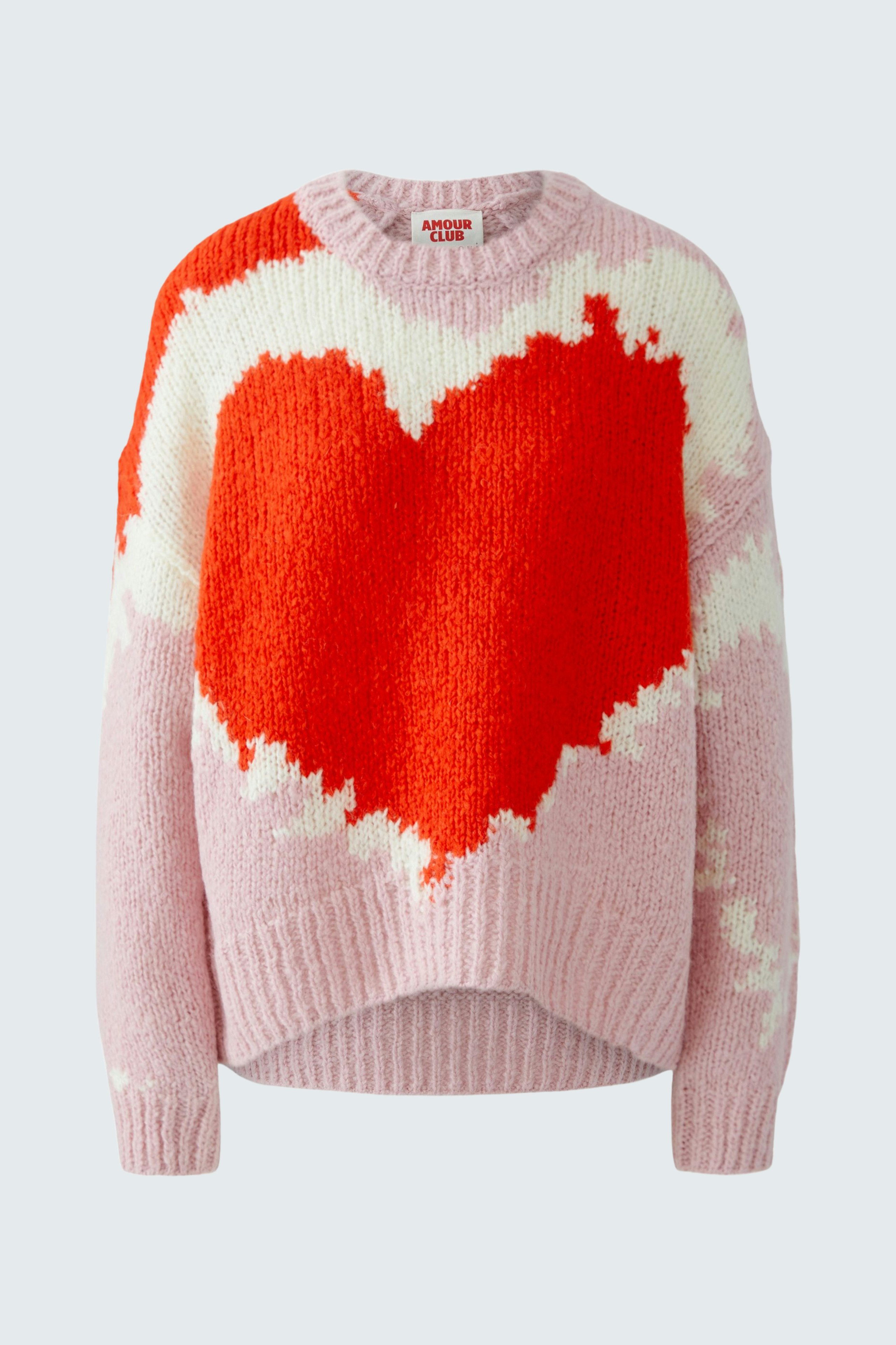 Verspielter Damen-Pullover in Rosa mit rotem Herz-Muster, lässig und bequem.