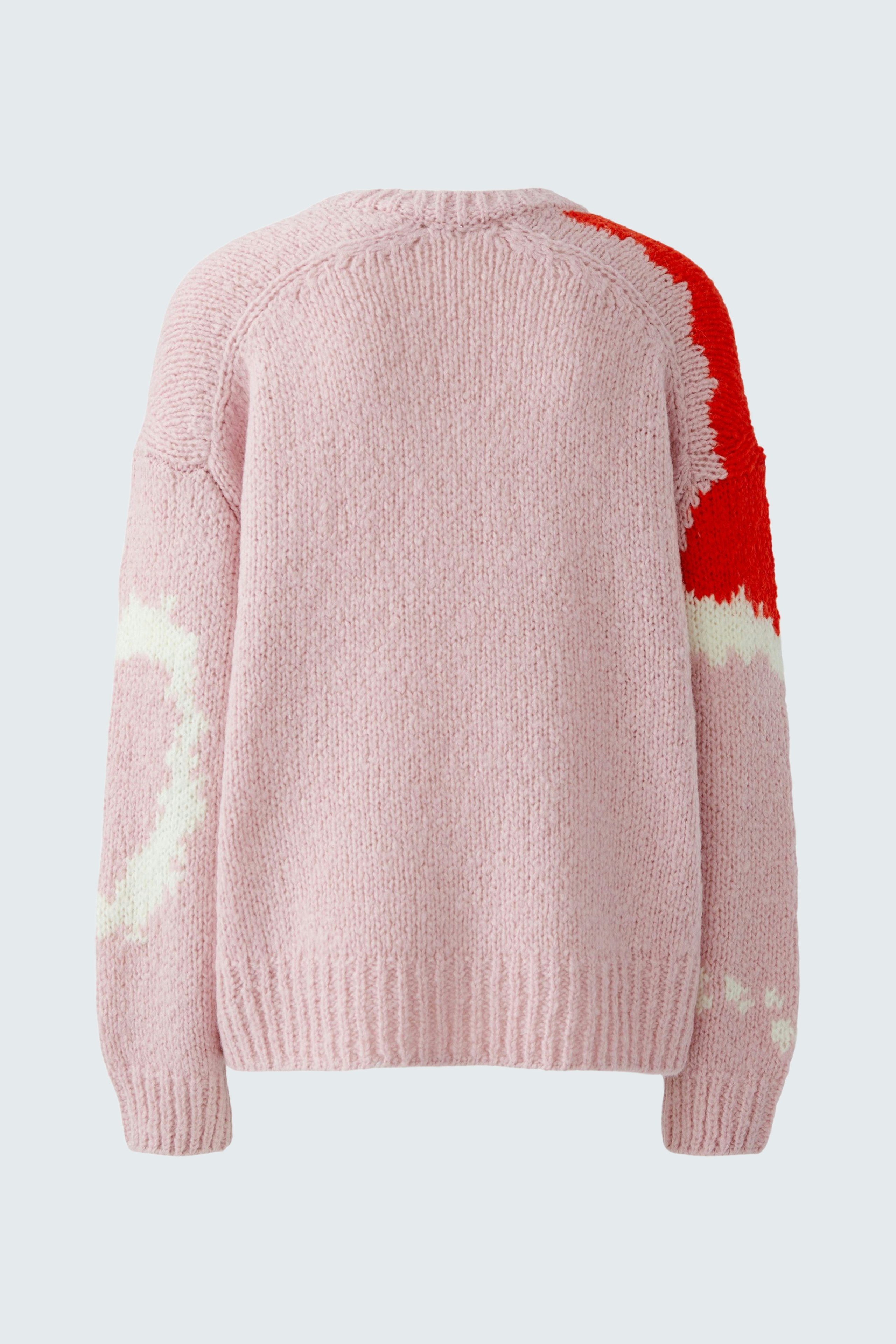 Bequemer Damen-Pullover in zartem Rosa mit bunten Akzenten, ideal für lässige Outfits.