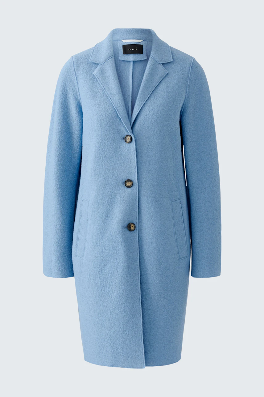 Light blue wool coat: A stylish women's coat with a classic collar and button closure.