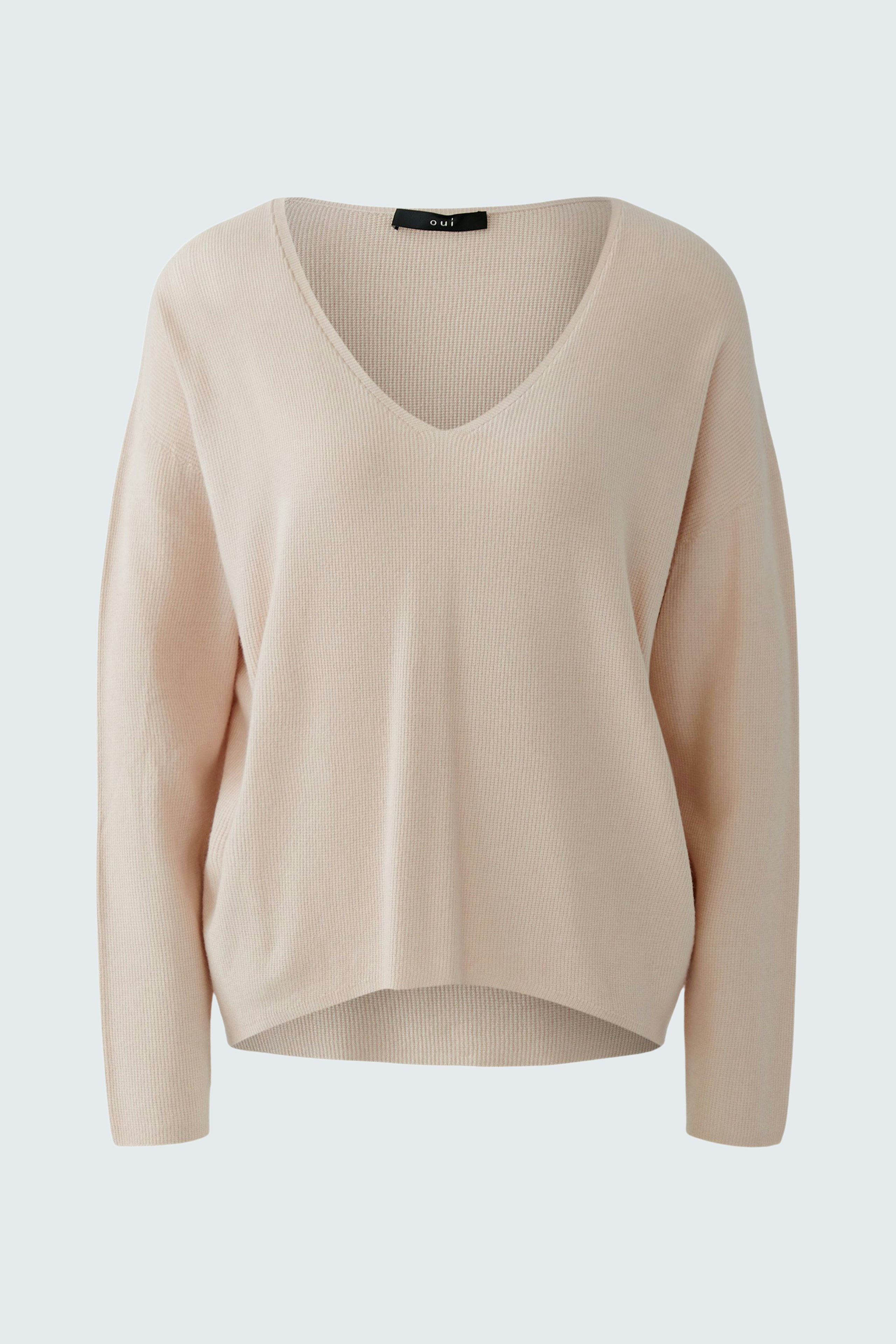 Bequemer Damen-Pullover in zartem Rosa mit V-Ausschnitt und lässigem Schnitt.