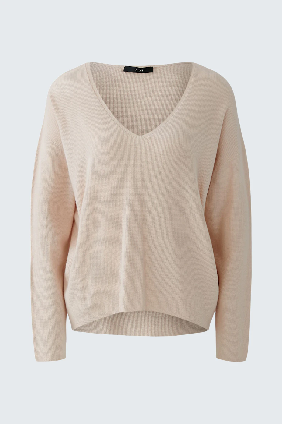 Bequemer Damen-Pullover in zartem Rosa mit V-Ausschnitt und lässigem Schnitt.