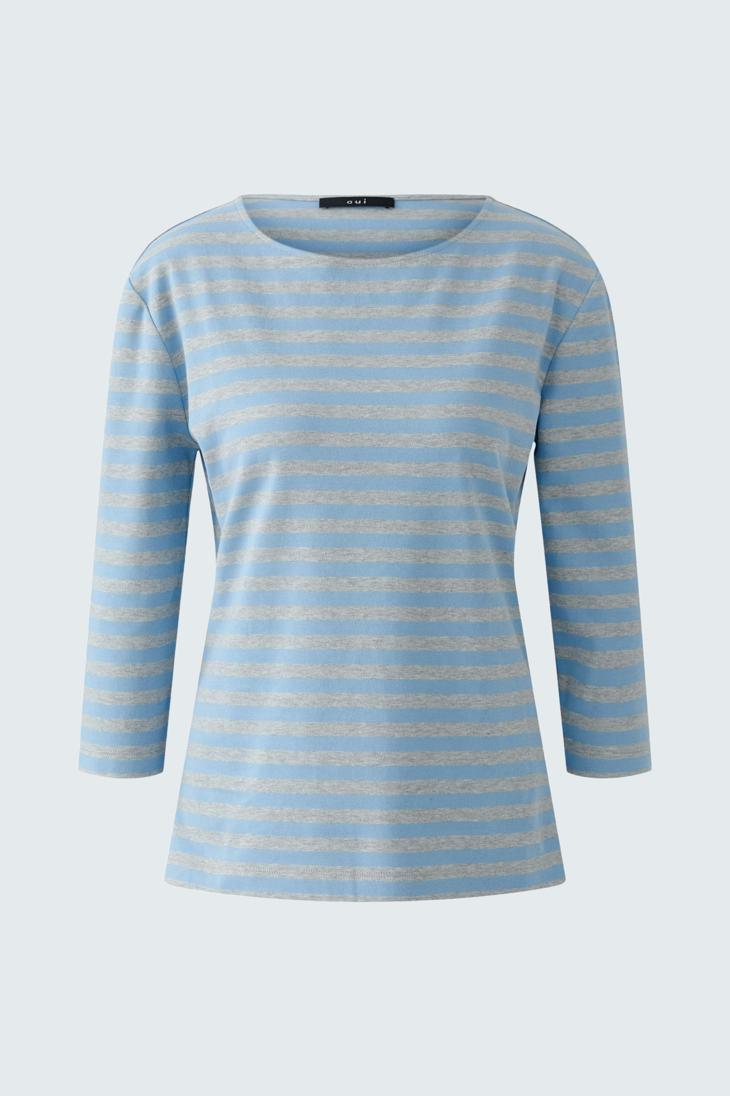 Casual women's T-shirt: Light blue with white stripes, featuring a round neckline and three-quarter sleeves.