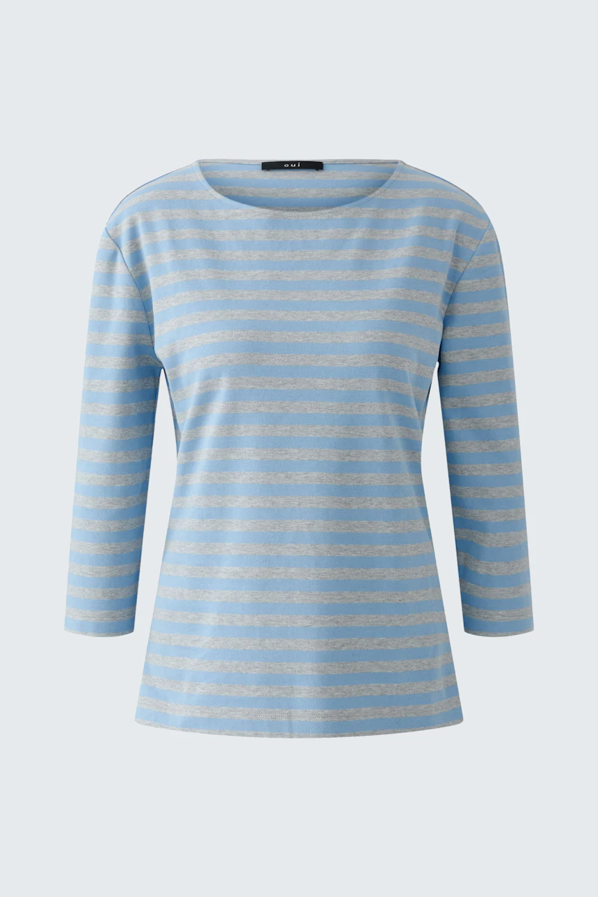 Casual women's T-shirt: Light blue with white stripes, featuring a round neckline and three-quarter sleeves.