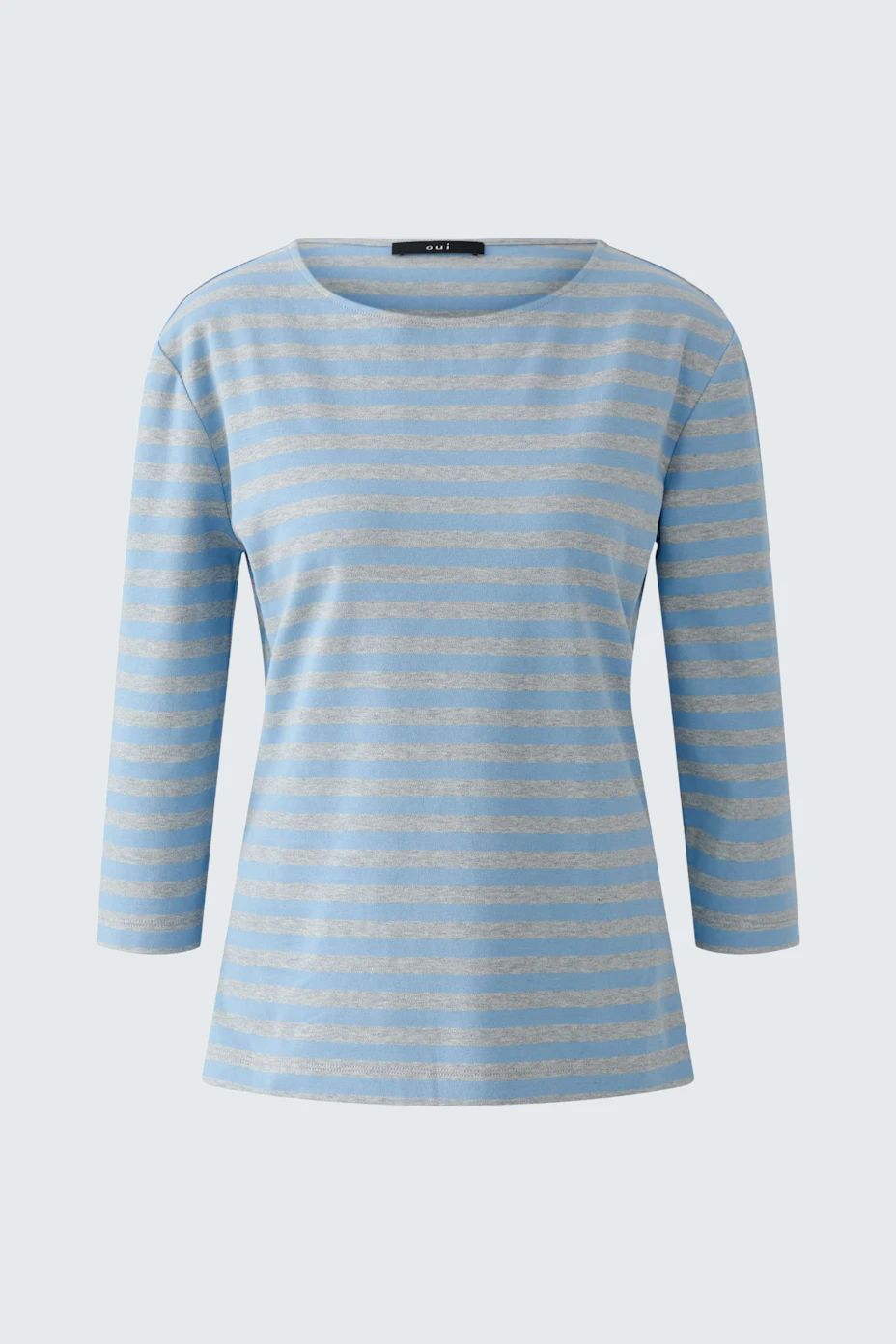 Casual women's T-shirt: Light blue with white stripes, featuring a round neckline and three-quarter sleeves.