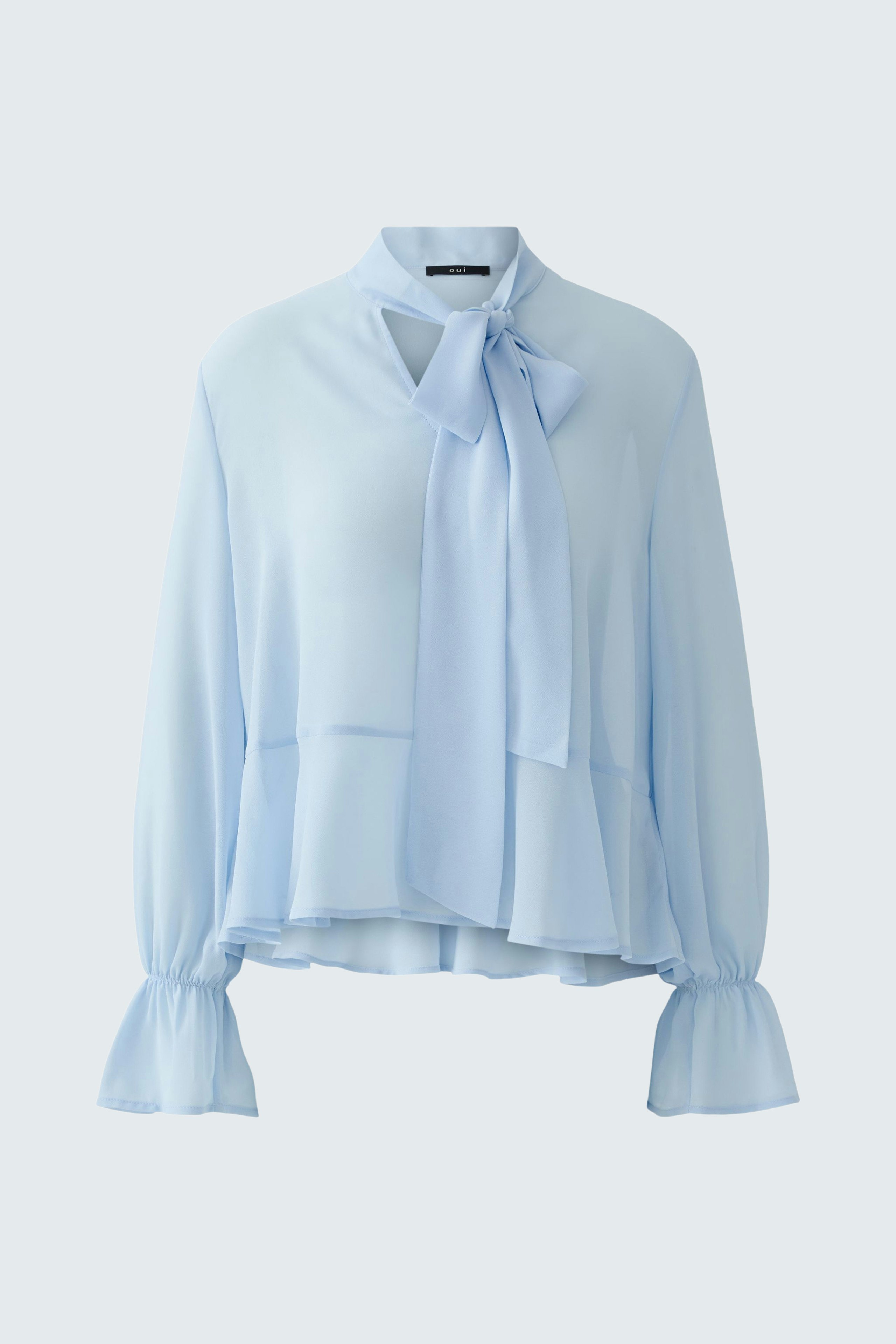 Light blue blouse with a tie detail and ruffled sleeves, designed for women.