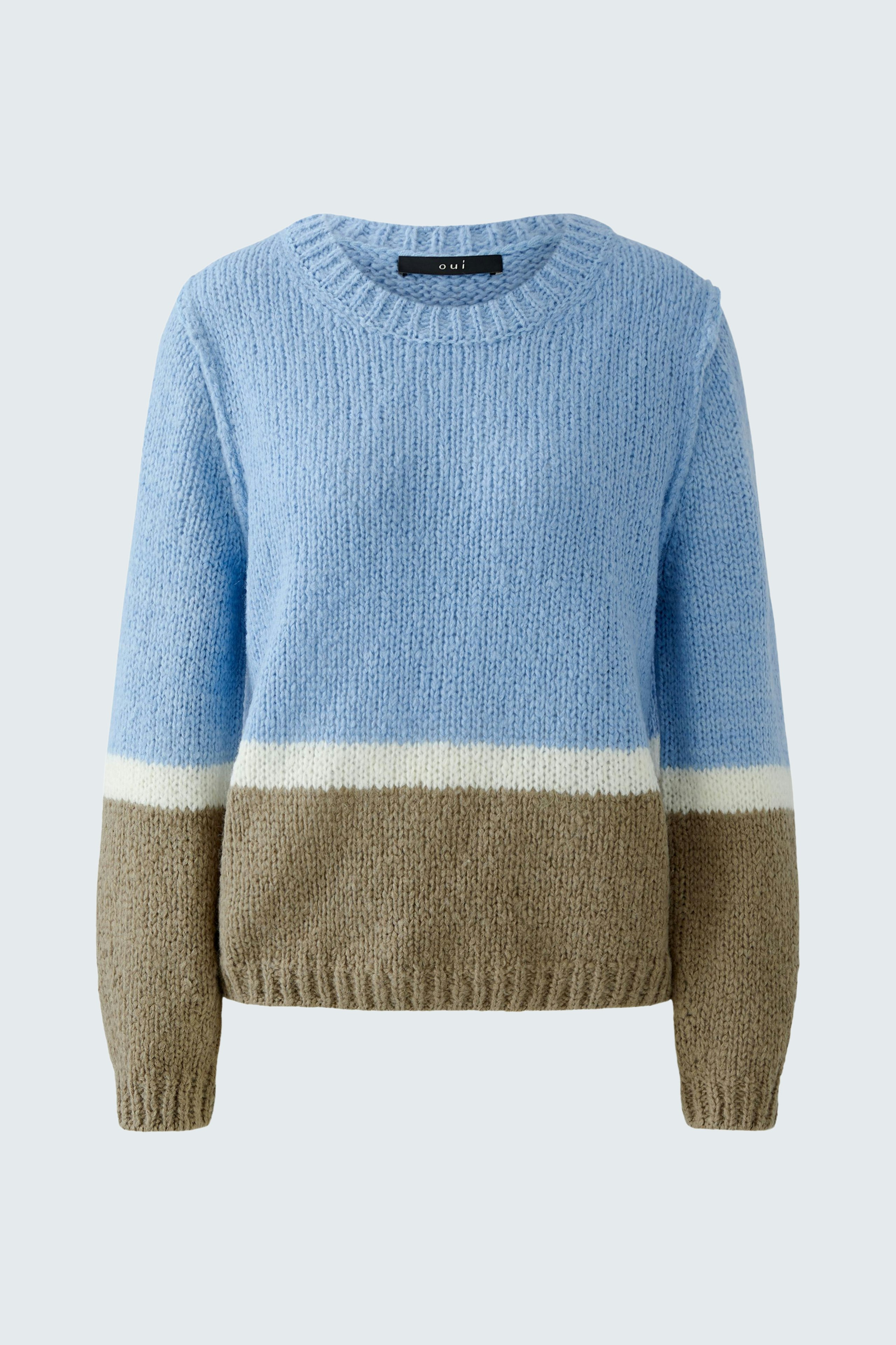 Bequemer Damen-Pullover in Blau mit braunem und weißem Streifen. Ideal für lässige Outfits.