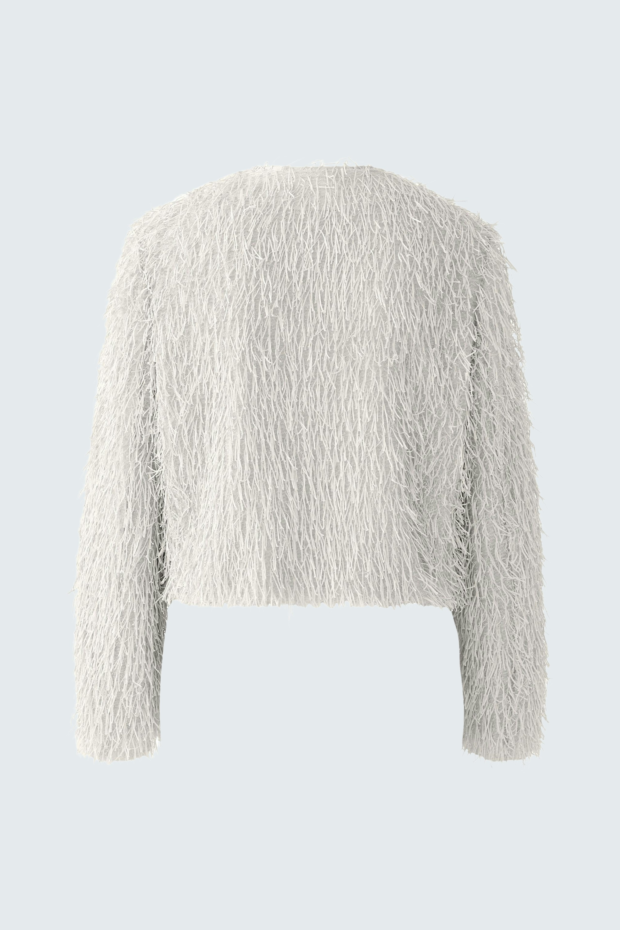 Helle Damen-Jacke: Flauschige, graue Jacke mit langen Ärmeln, ideal für lässige Outfits.