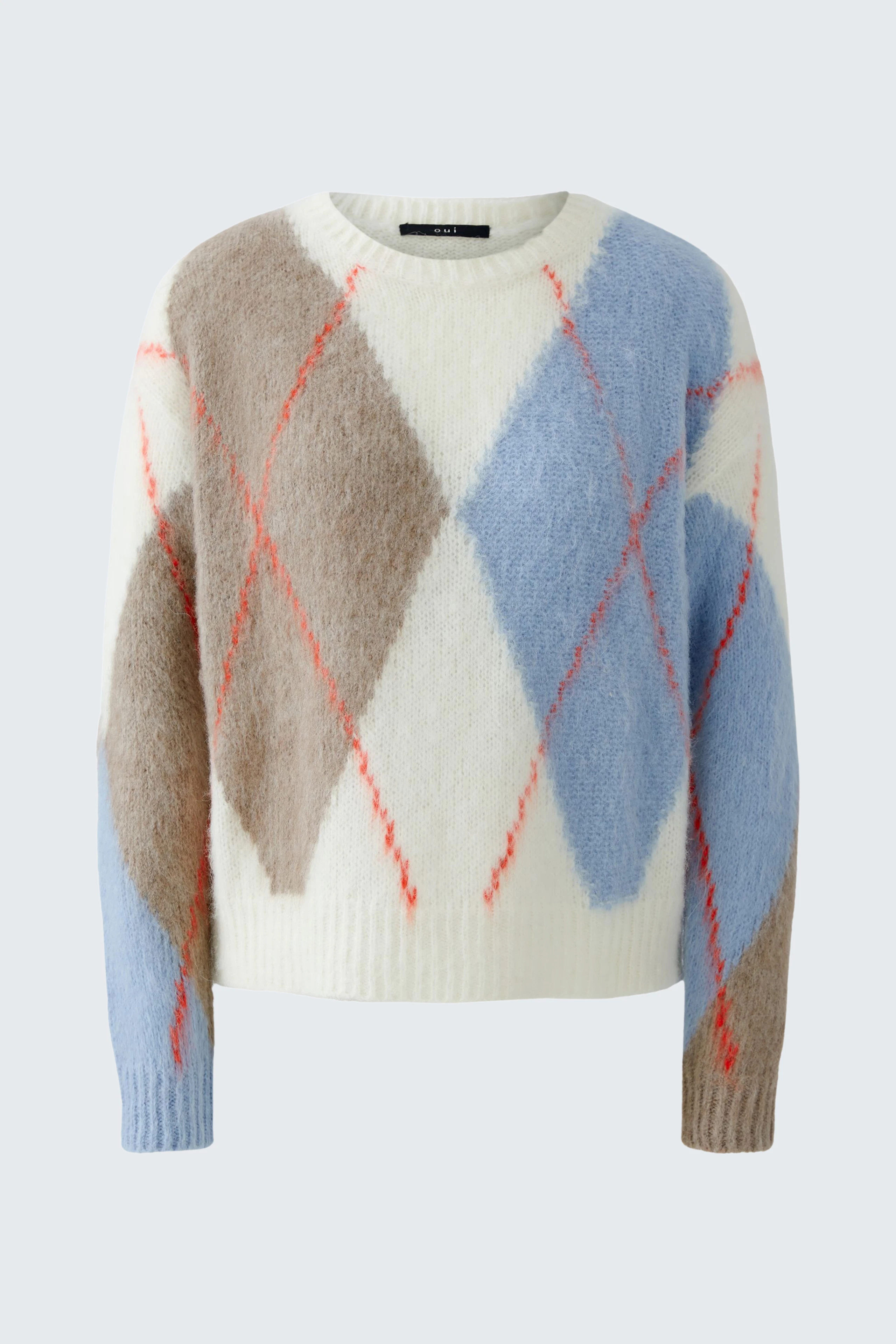 Gemusterter Damen-Pullover in sanften Farben mit Rauten-Design und lässigem Schnitt.