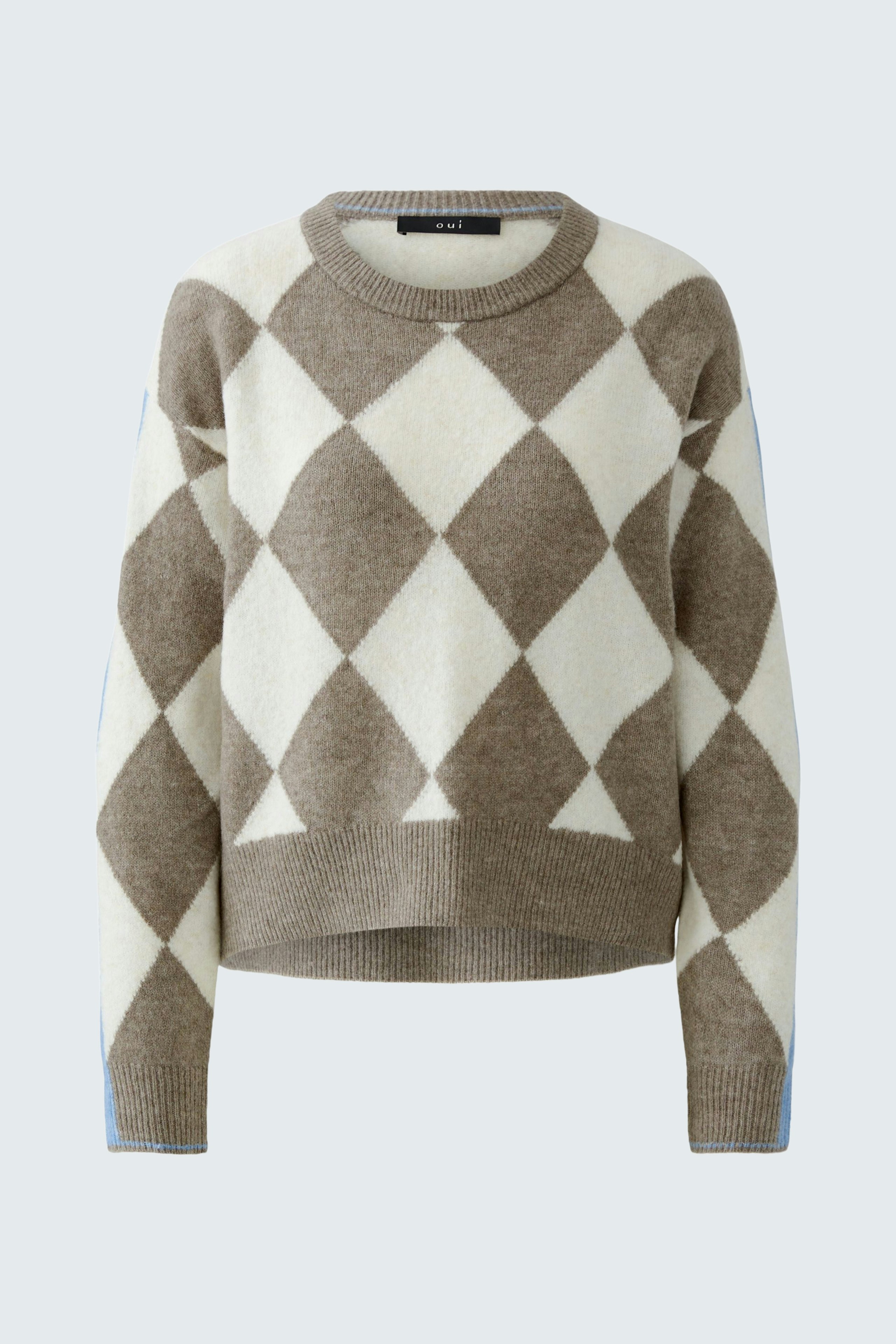 Gemusterter Damen-Pullover in Beige und Weiß mit Rautenmuster, lässig und bequem.