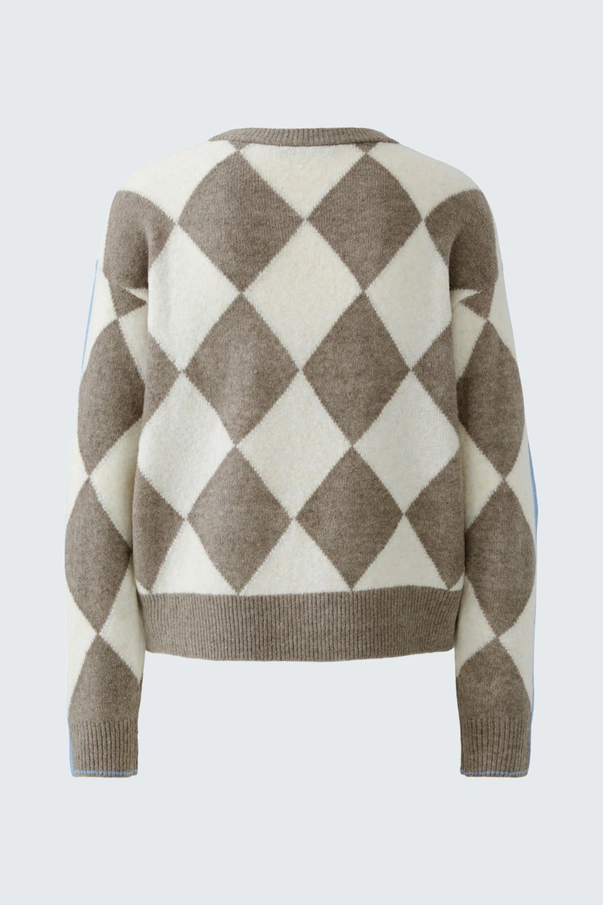 Gemusterter Damen-Pullover in Beige und Weiß mit Rautenmuster, lässig und bequem.