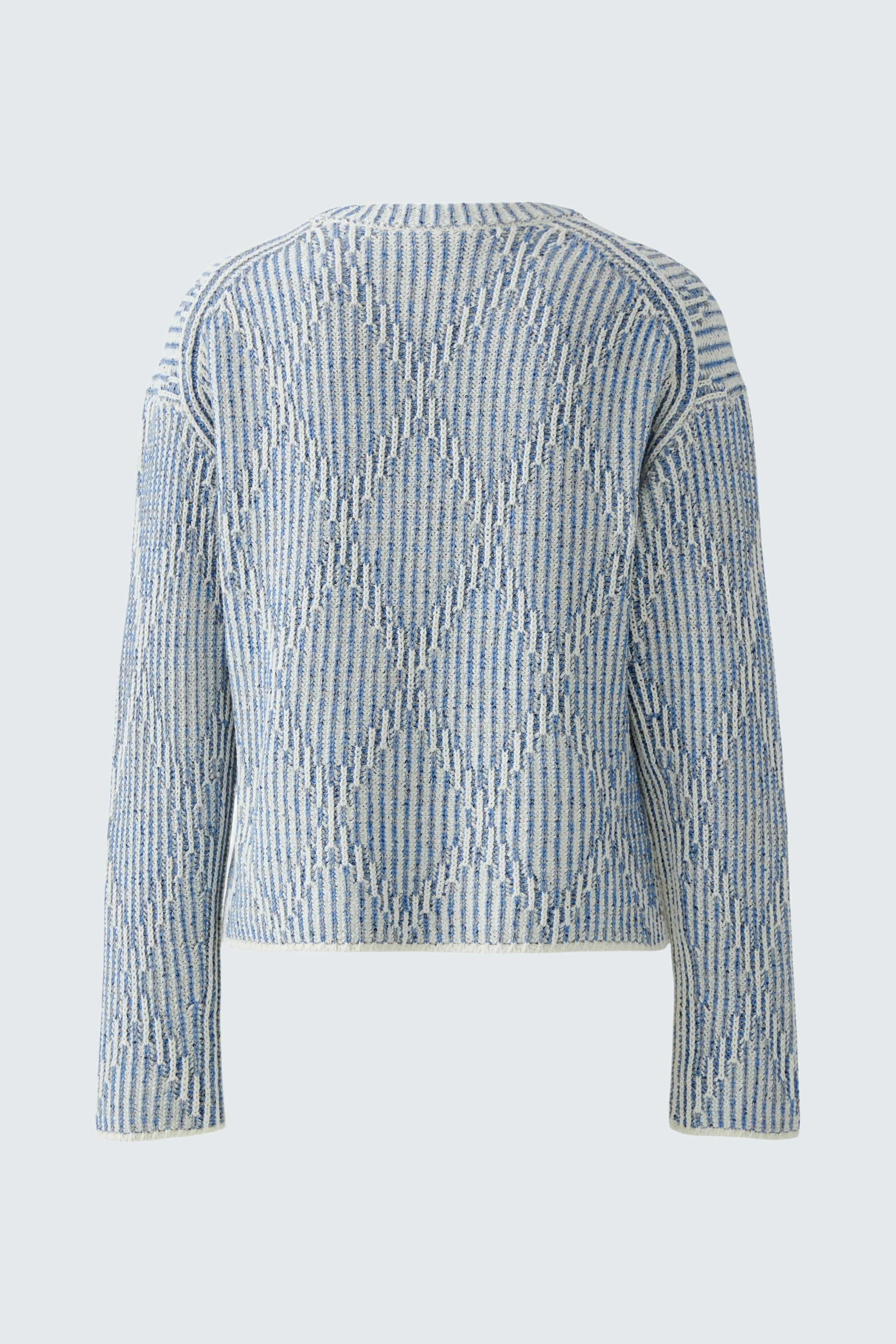 Casual women's pullover: Back view of a light blue textured pullover with a relaxed fit.