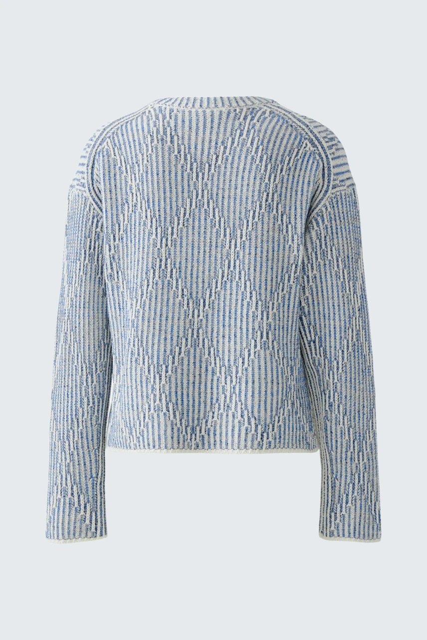 Casual women's pullover: Back view of a light blue textured pullover with a relaxed fit.