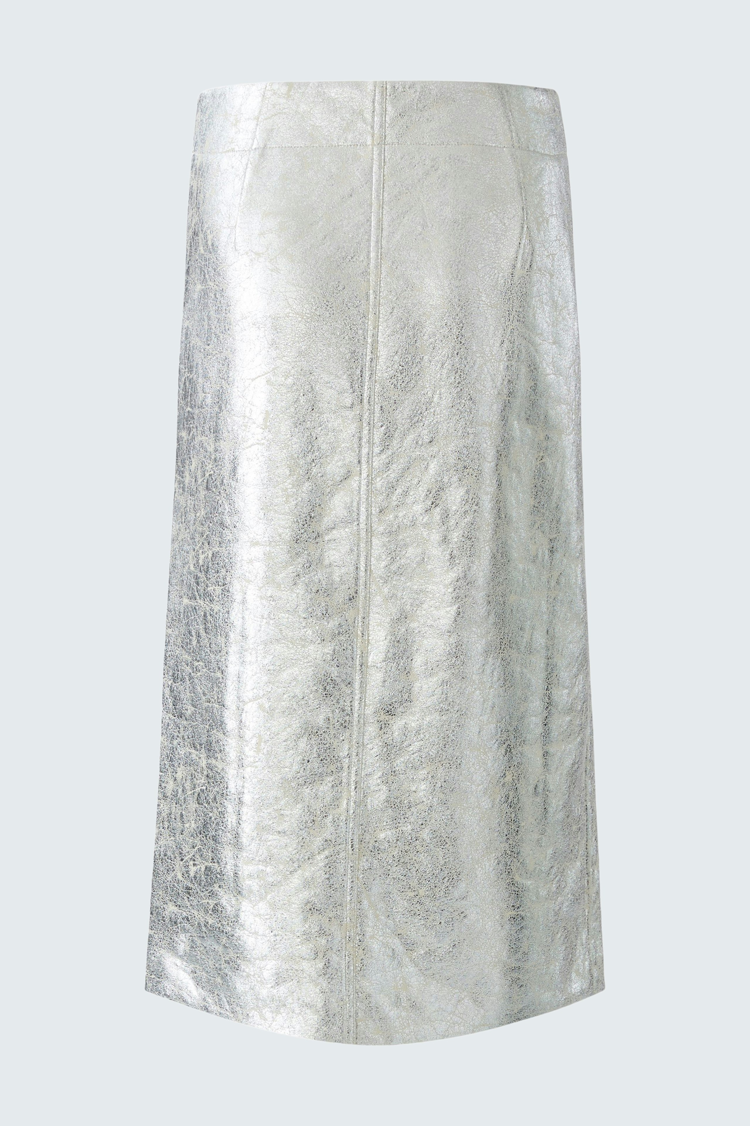 Stylish women's pencil skirt in shiny silver, perfect for versatile outfits.