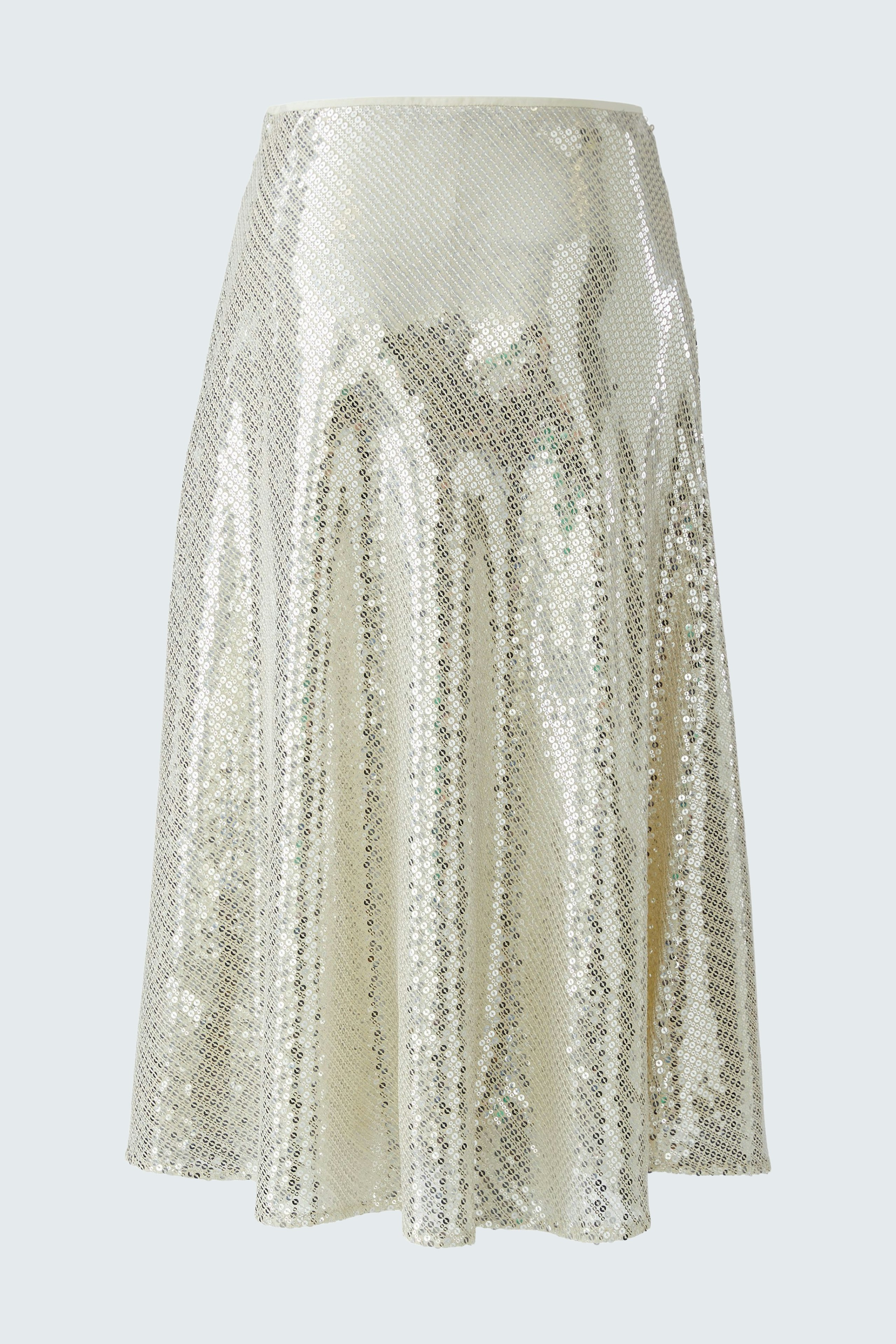 A-Linien-Rock: Glänzender Rock mit Pailletten, der in A-Linie fällt und vielseitig kombinierbar ist.