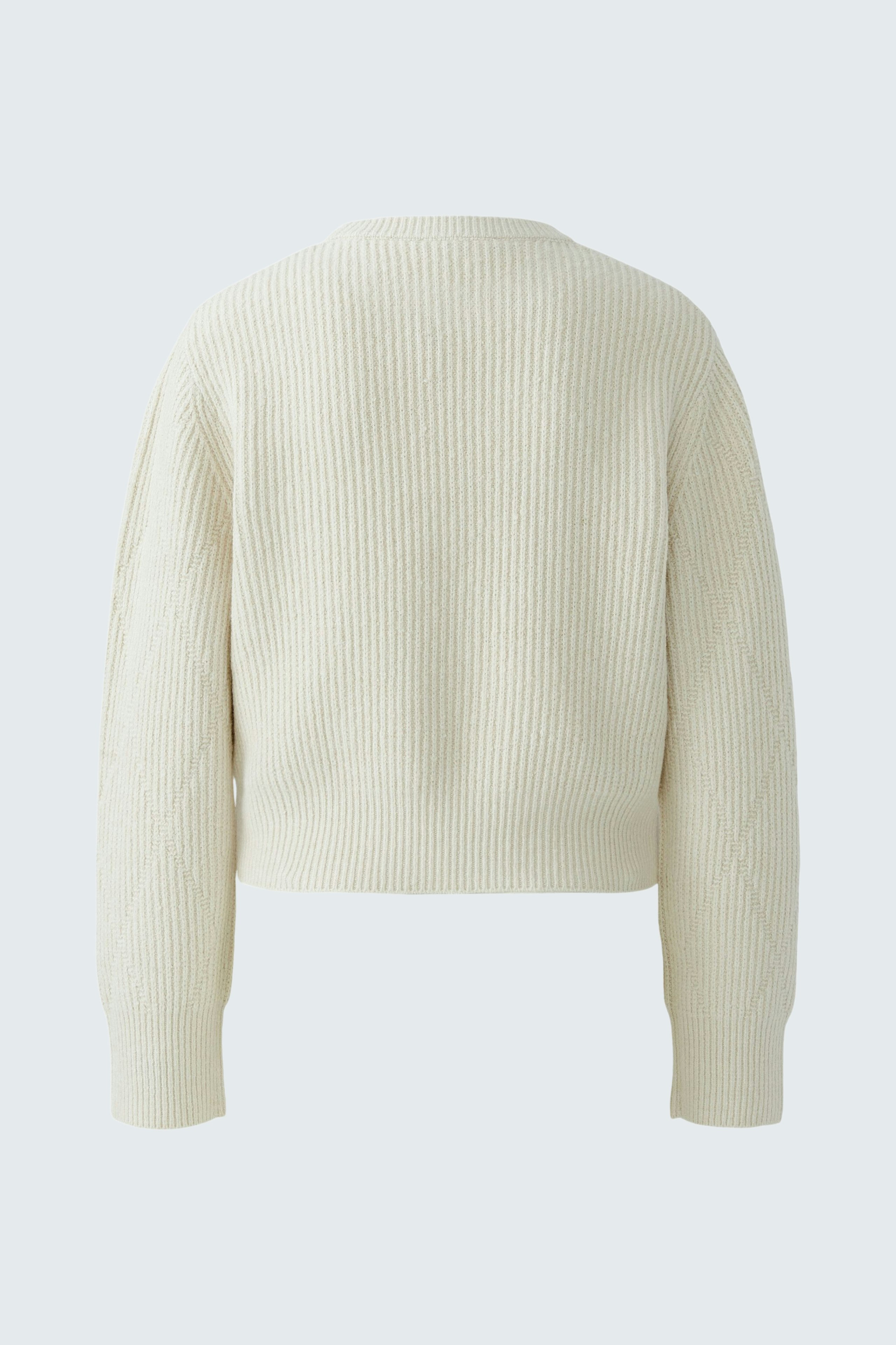 Casual women's pullover: Back view of a cozy cream pullover with ribbed texture and relaxed fit.
