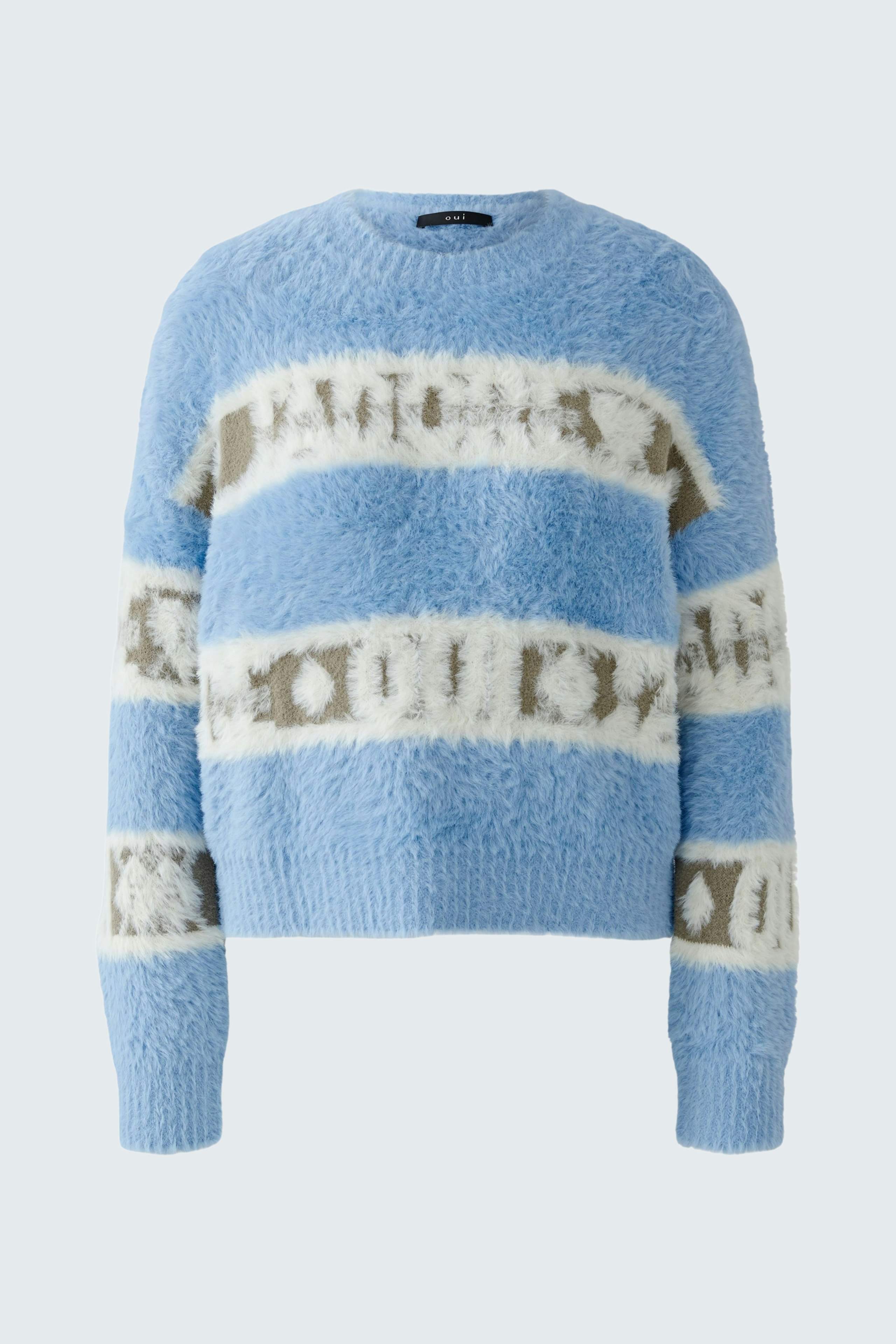 Cozy women's pullover in blue with striped pattern, perfect for casual wear.
