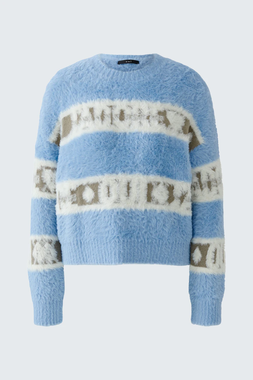 Cozy women's pullover in blue with striped pattern, perfect for casual wear.