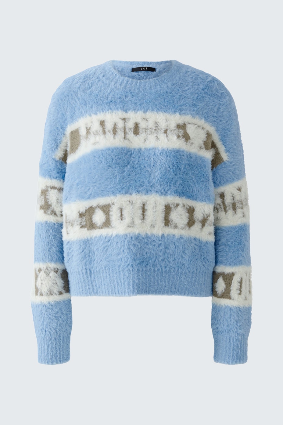 Cozy women's pullover in blue with striped pattern, perfect for casual wear.