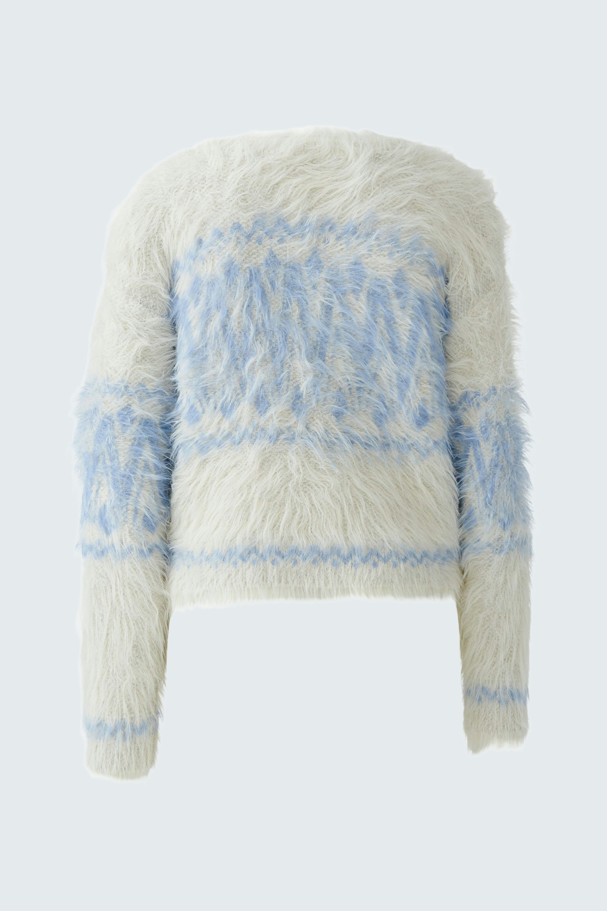 Cozy women's pullover in soft white and blue, featuring a fluffy texture and relaxed fit.