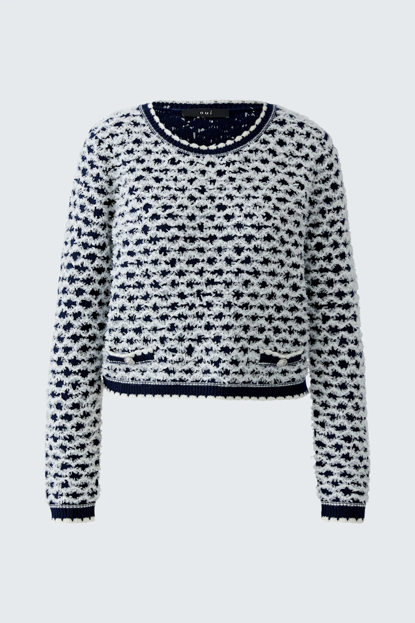 Gemusterter Damen-Pullover in Blau und Weiß mit Rundhalsausschnitt und lässigem Schnitt.