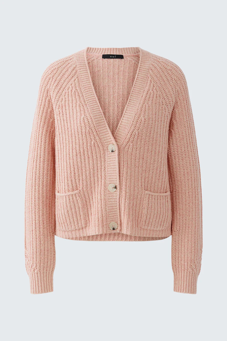 Cozy women's cardigan in soft pink with a relaxed fit and button closure.